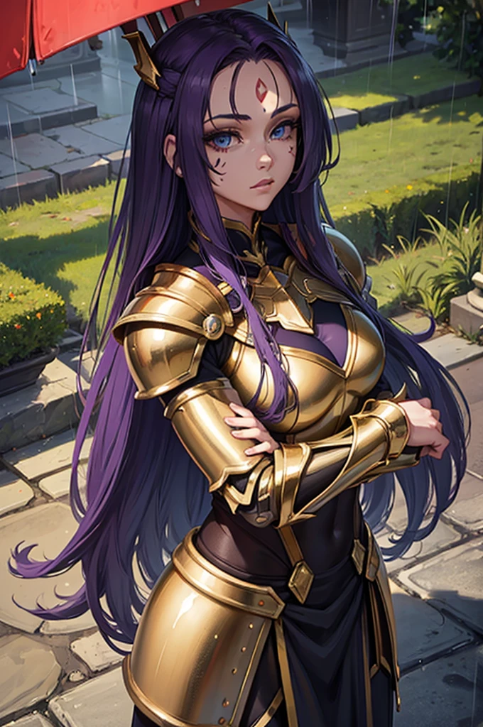 upper body,close-up, highly detailed eyes, , photo of 1girl , rain, masterpiece, super detailed, full body view, planet under invasion, gold armor, long hair, armor, forehead mark, purple hair, blue eyes, looking at viewer, shoulder armor, very long hair, AriesArmor, facial mark,