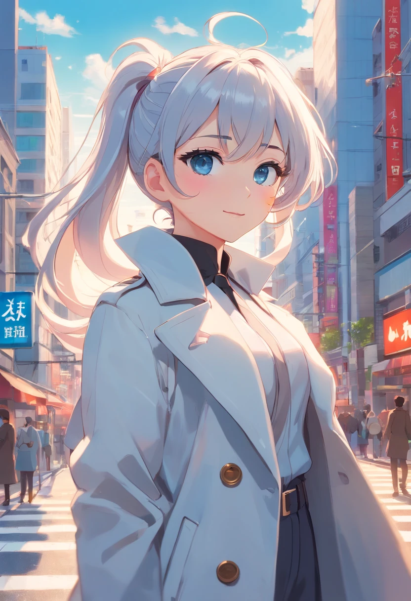 Silvery hair,Single ponytail curls,Pale blue eyes,White trench coat,Beth,A bustling city street,With a lollipop in your mouth,ssmile,Sunglasses on the forehead