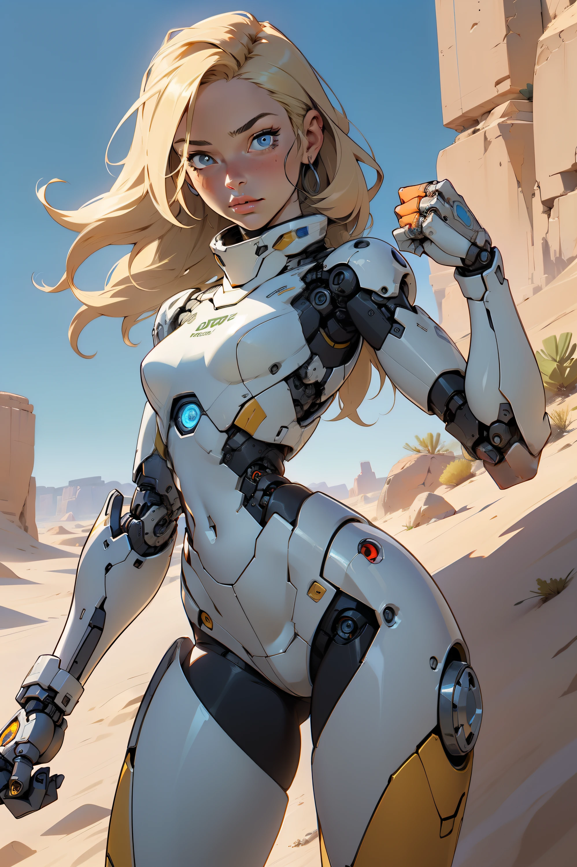 high quality, 4k, masterpiece, beautiful, cyborg girl, cowboy shot, dull eyes, looking at viewer, long blonde hair, girl, small breasts, fit thigh, robotic arms, robotic body, cyborg body, yellow accent, redaccent, intricate detail, joint, detailed lines, robotic detail, holding fist up, holding hand up as fist, color robotic parts, robotic parts with color, perfect fingers, on a desert planet, sunny background, colorful desert,