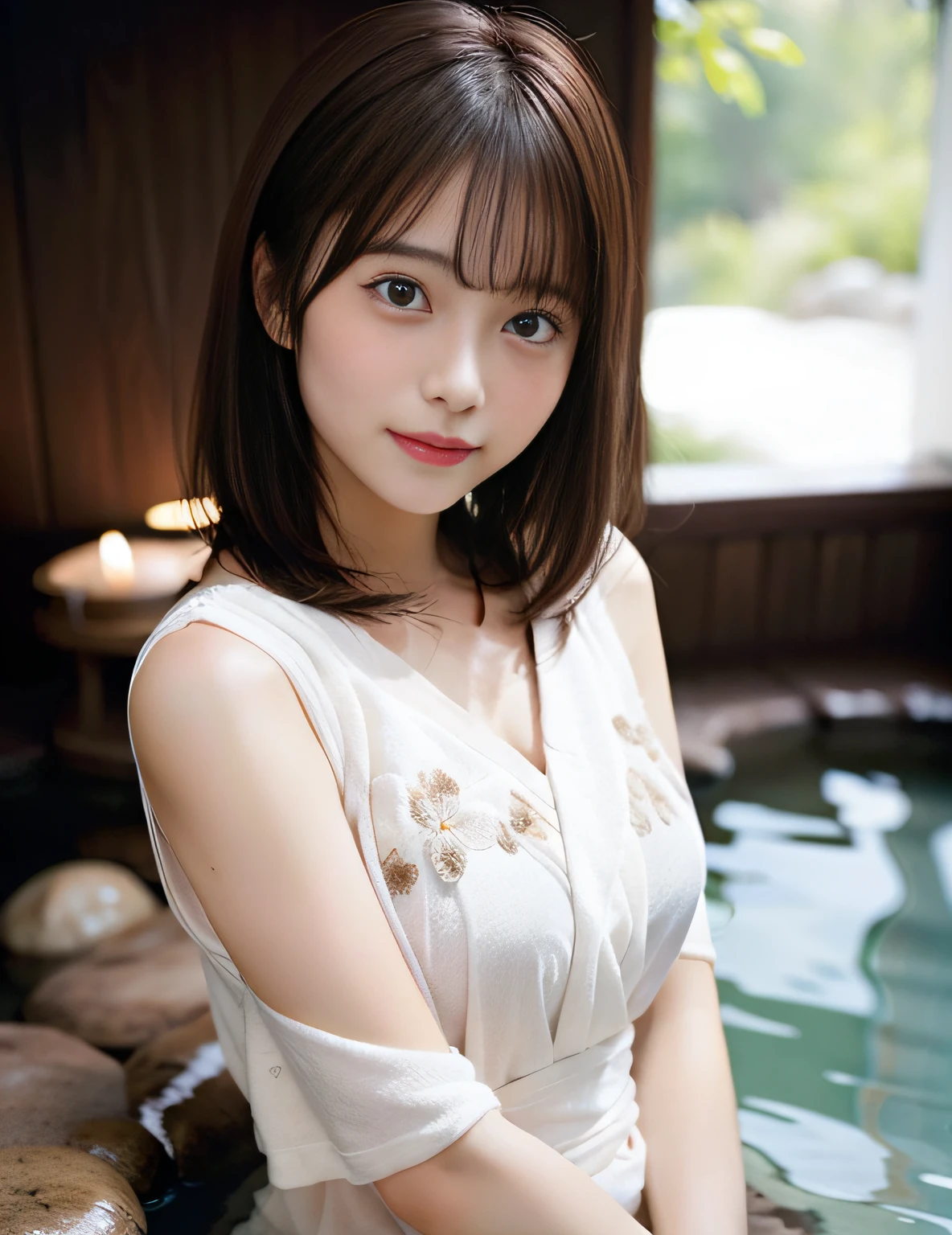 A Japanese girl is siting near big river,small mouse, small nose ,exquisite and beautiful face, charming fragrant shoulders, shoulders slightly exposed, hair ornaments ,smile with teeth, peach Red lips, tender and smooth skin,(white skin:1.2),black hair,short hair,(smile:1.2),very realistic details, ultra-high resolution,bokeh,outstanding details, 8K
