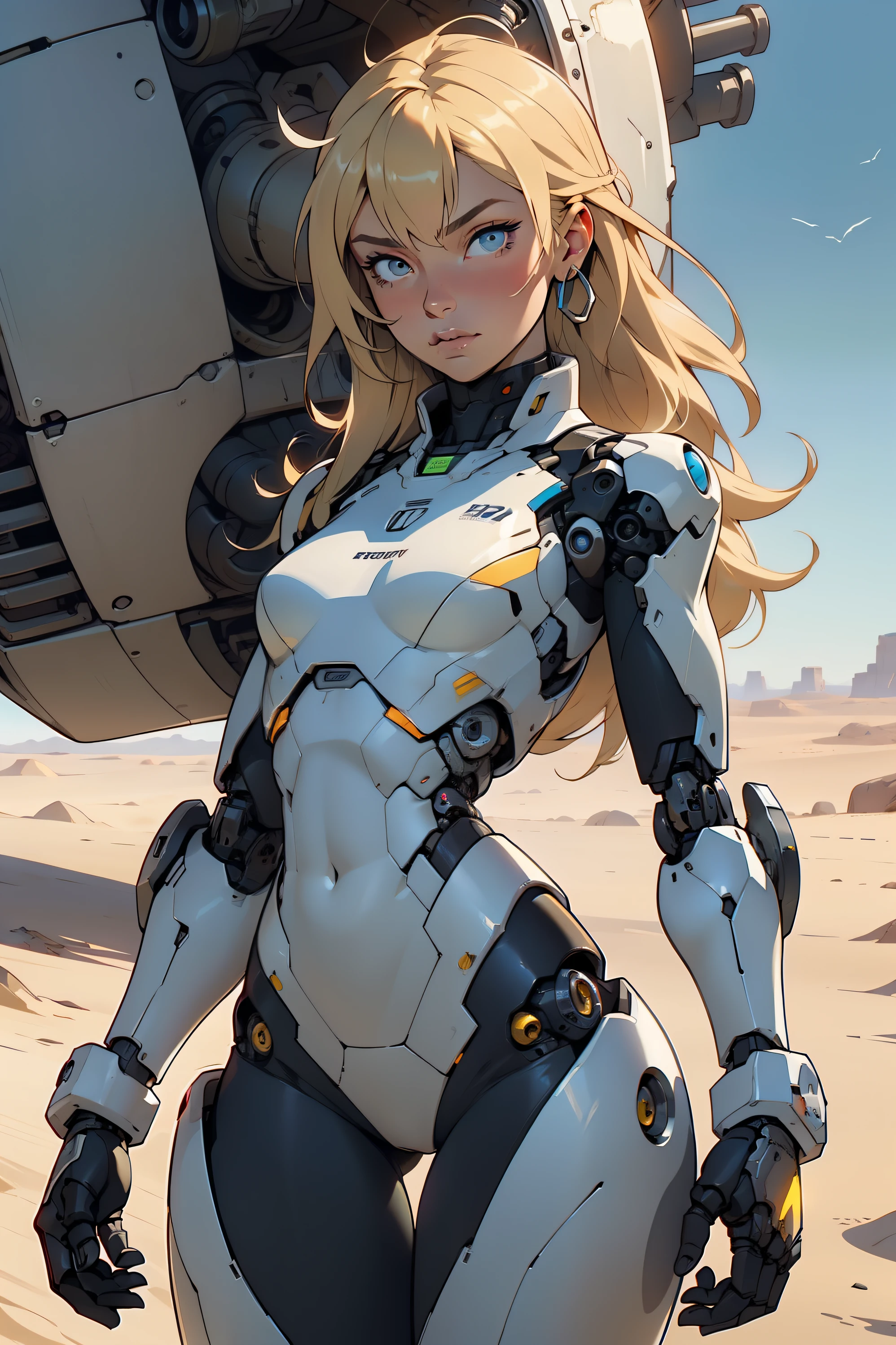 high quality, 4k, masterpiece, beautiful, cyborg girl, cowboy shot, dull eyes, looking at viewer, long blonde hair, girl, small breasts, fit thigh, robotic arms, robotic body, cyborg body, yellow accent, redaccent, intricate detail, joint, detailed lines, robotic detail, holding fist up, holding hand up as fist, color robotic parts, robotic parts with color, perfect fingers, on a desert planet, sunny background, colorful desert,