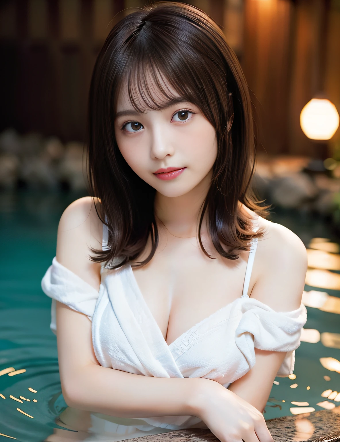 in 8K,Best Quality:1.4, 超A high resolution:1.5, (Photorealistic:1.4),​masterpiece:1.2,(top-quality:1.4)、 Raw photo、 (the background is blurred), hot onsen, bathing、a japanese girl, Cute, (Solo:1.4), (Shy smile), Smooth skin、Wrap a white bath towel around your body:1.3、 (Brown medium hair,Bangs), (touch hair:1.4),nogizaka,Supple fingertips,Beautiful black eyes、dual、natural skin textures:1.3, realistic eyes and face details:1.7、middlebreasts、early evening、Gravure Pose：1.1、Toned buttocks:1.5、Hands behind the head、gazing at viewer、Looks fun、FULL BODYSHOT