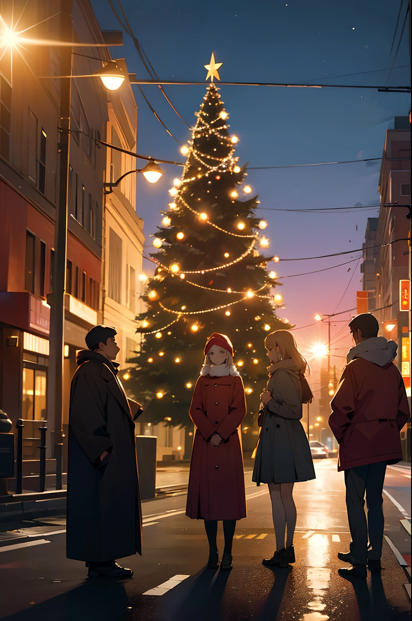 4 people around a Christmas tree, in the middle of the street, night, sun setting