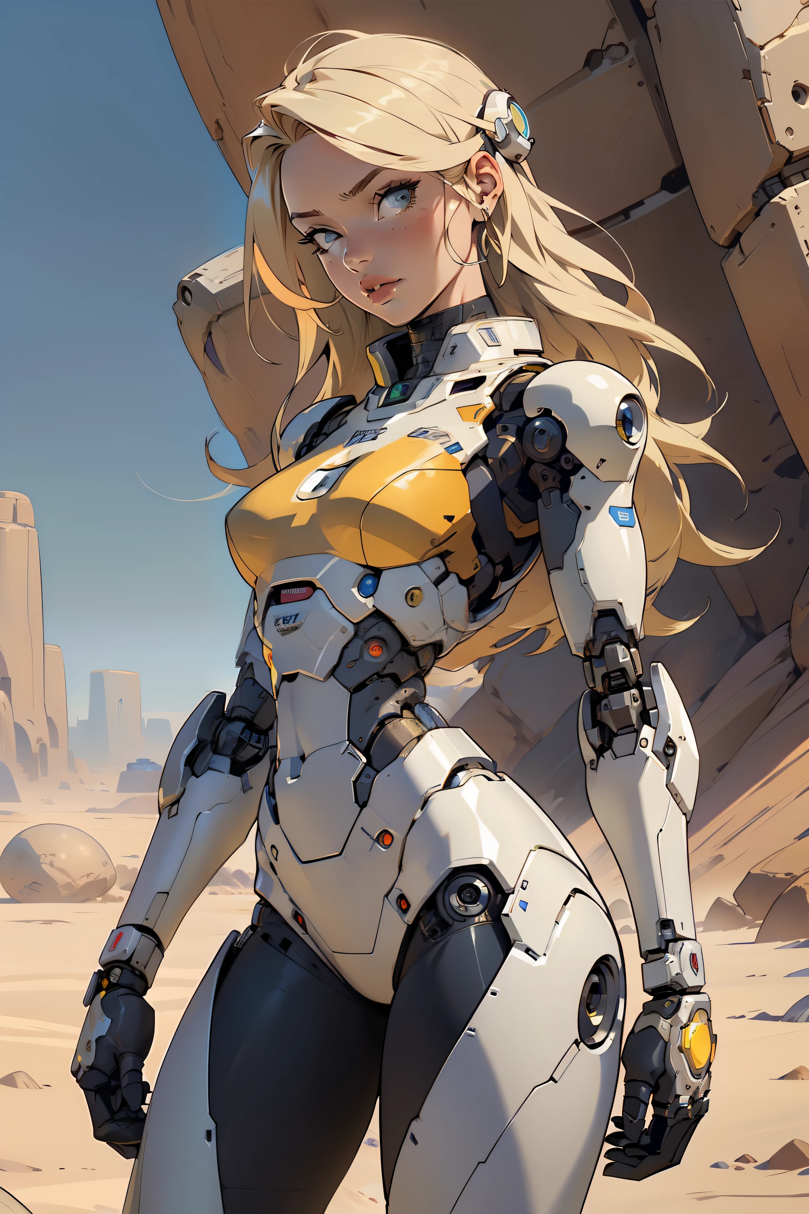 high quality, 4k, masterpiece, beautiful, cyborg girl, cowboy shot, dull eyes, looking at viewer, long blonde hair, girl, small breasts, fit thigh, robotic arms, robotic body, cyborg body, yellow accent, intricate detail, joint, detailed lines, robotic detail, holding fist up, holding hand up as fist, color robotic parts, robotic parts with color, perfect fingers, on a desert planet, sunny background, colorful desert,