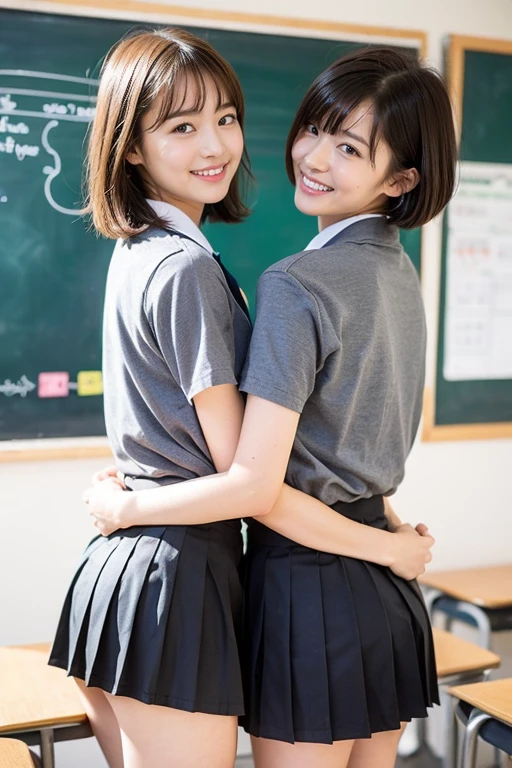 2 girls in school classroom,school uniform with gray pleated micro mini skirt:1.3,white panties:1.3,showing panties,-yeld,ba,a little smiles,thighs,knees,crotch, short cut hair,from behind,looking at viewer,small hips,skinny body,slender thighs