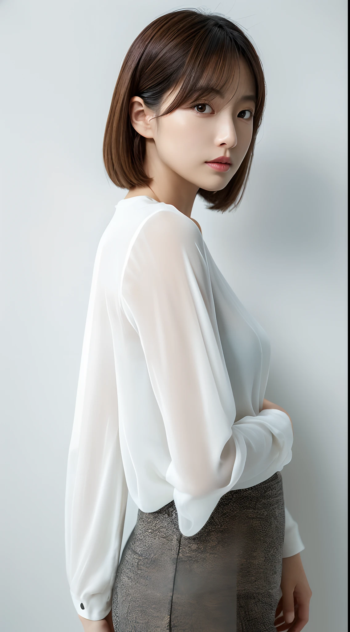 ((masterpiece,top-quality)), (photographrealistic:1.4),((masutepiece,8K)),hight resolution,Studio Soft Light, Rim Lights, vibrant detail, realistic skin textures,Japanese, 1 beautiful woman, bob Hair, faint thin bangs, make - up, 34 years old, Detailed skin, long-sleeve tunic blouse, wide-leg pants, Standing, White background, White Room,white walls, fully body photolooking at viewer