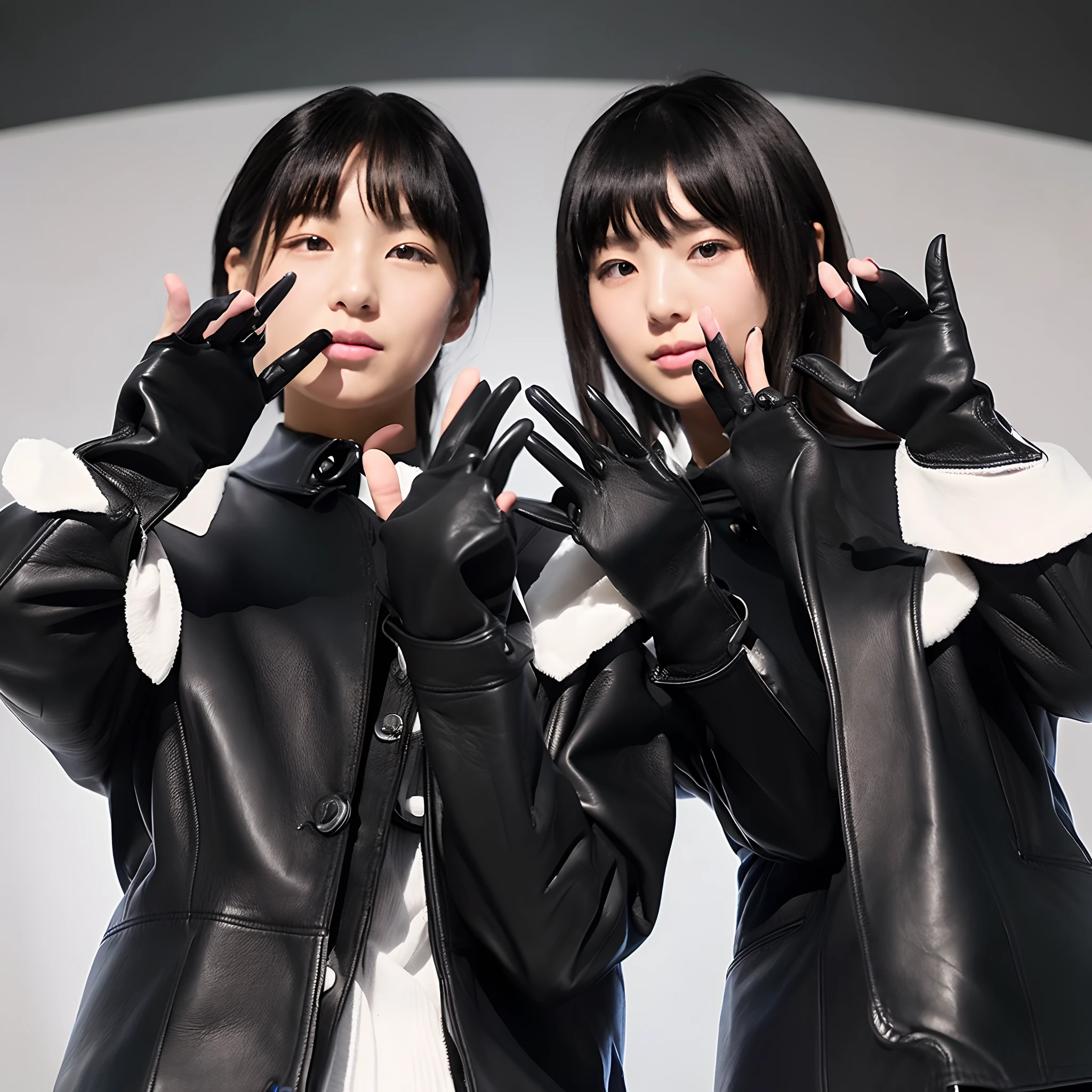 Black leather gloves on both hands up to the tips of the fingers、Innocent Japan high school girl Black Leather Riders Jacket、(Black leather gloves on both hands up to the tips of the fingers)、Black Leather Skinny Pants、Black Leather Knee High Long Boots(Black leather gloves on both hands up to the tips of the fingers)