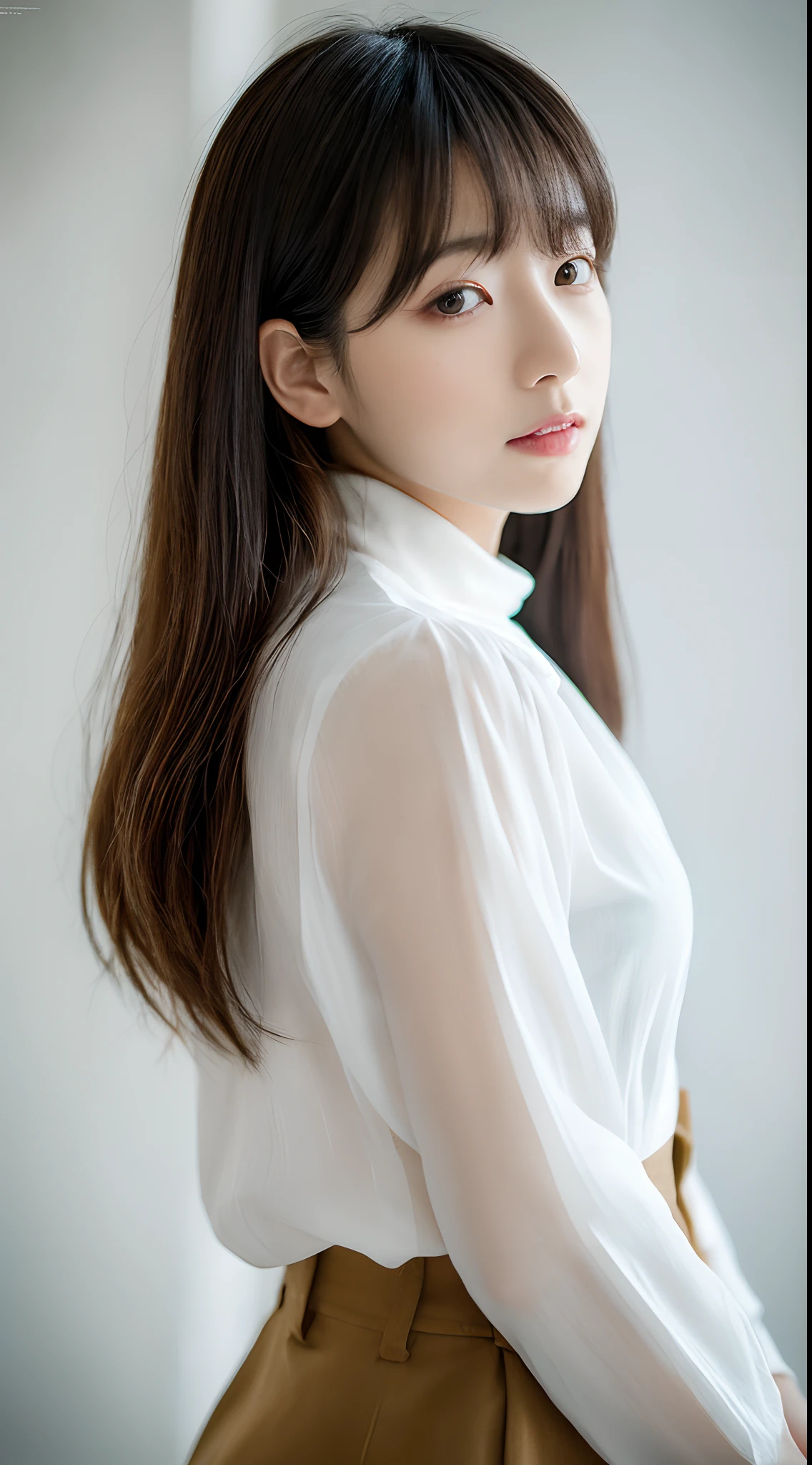 ((masterpiece,top-quality)), (photographrealistic:1.4),((masutepiece,8K)),hight resolution,Studio Soft Light, Rim Lights, vibrant detail, realistic skin textures,Japanese, 1 beautiful woman, bob Hair, faint thin bangs, make - up, 34 years old, Detailed skin, long-sleeve tunic blouse, wide-leg pants, Standing, White background, White Room,white walls, fully body photolooking at viewer