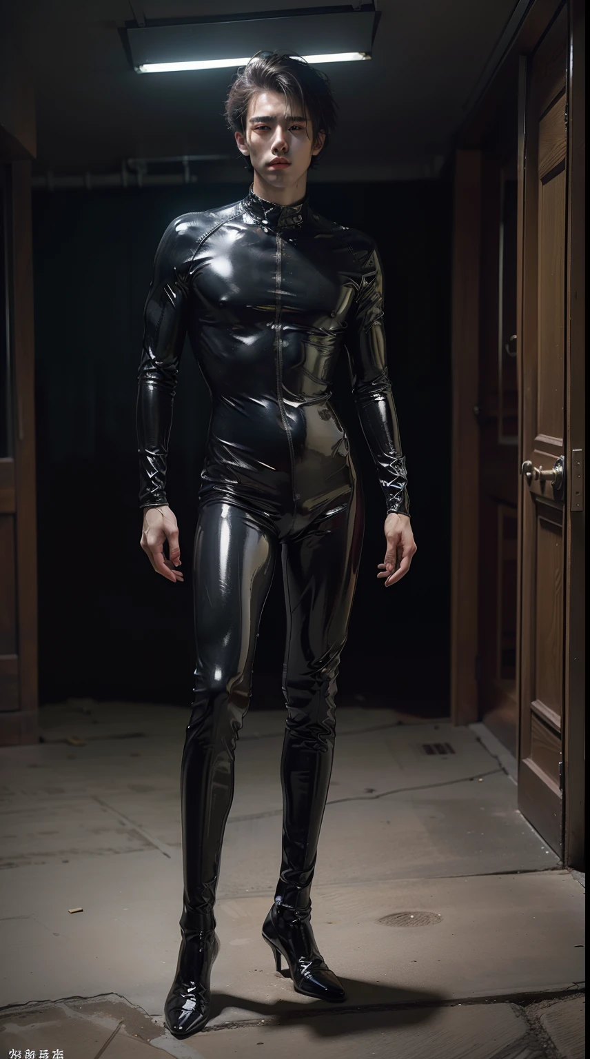 American man, (mtu)((black latex bodysuit, )) ,((full body photo shot,)) The upper part of the body, (chest muscle,Handsome,), (((超详细信息, Ultra photo realsisim))),