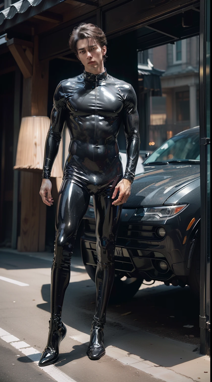 American man, （mtu）((black latex bodysuit, )) ，（(full body photo shot,)) The upper part of the body, (chest muscle，Handsome,), (((超详细信息, Ultra photo realsisim))),