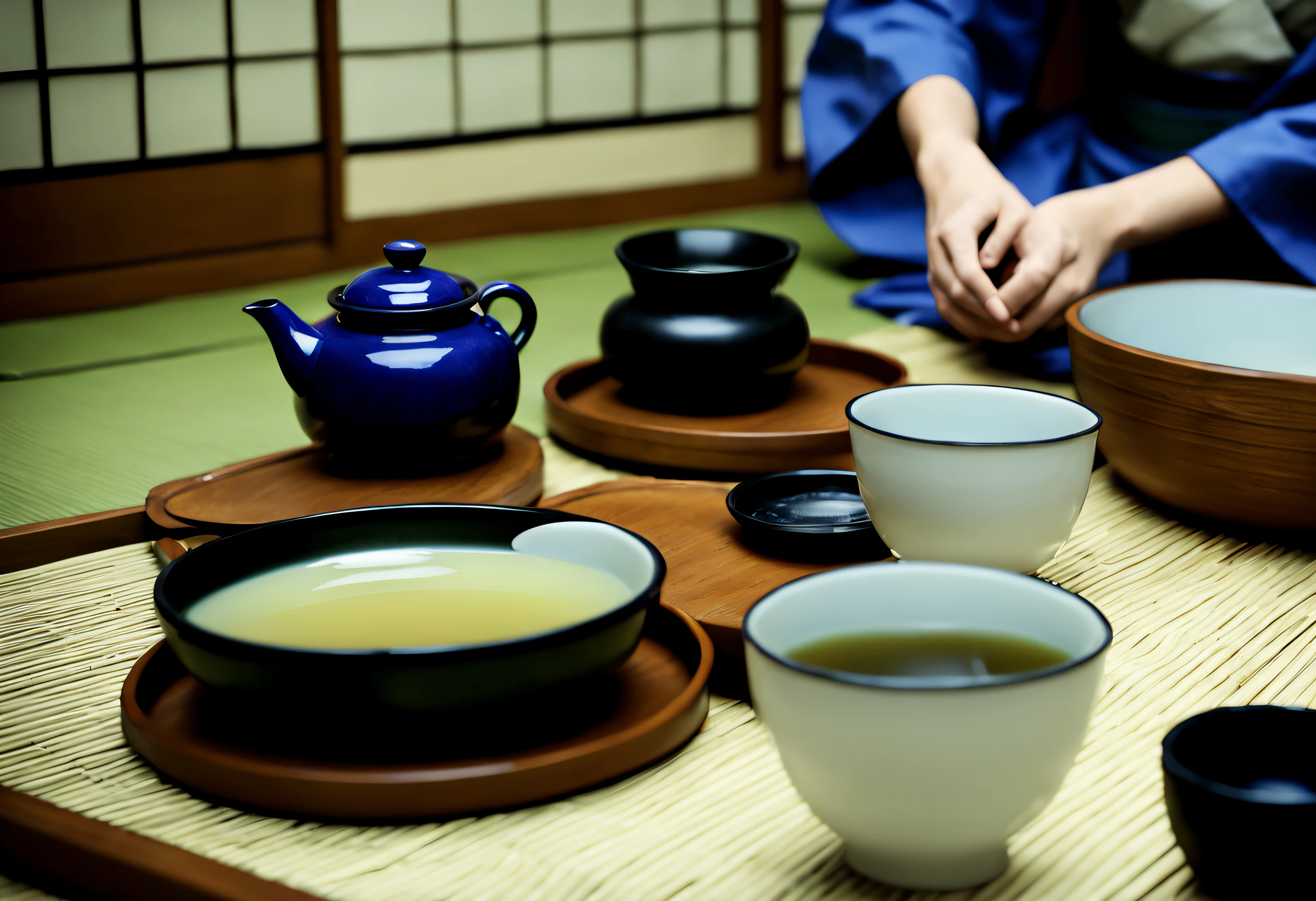 (best quality, 4k, 8k, high resolution, masterpiece: 1.2), ultra detailed, (realistic, photorealistic, photorealistic: 1.37),A photo of a Japanese tea ceremony with two people sitting on the floor. One of them is pouring tea from a white and blue teapot into a black cup. The other person is holding a white cup. Both cups sit on a wooden tea tray with a red flower in the center. There are also a pair of chopsticks on the tray. The background is a room with tatami mats and a rice paper door.