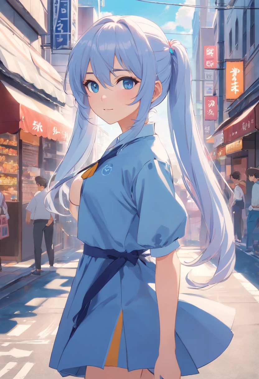 Silvery hair,Single ponytail curls,Pale blue eyes,White Lolita,Beth,A bustling city street,With a lollipop in your mouth,ssmile,Sunglasses on the forehead