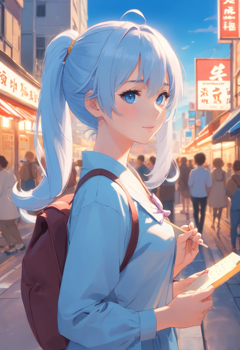 Silvery hair,Single ponytail curls,Pale blue eyes,White Lolita,Beth,A bustling city street,With a lollipop in your mouth,ssmile,Sunglasses on the forehead