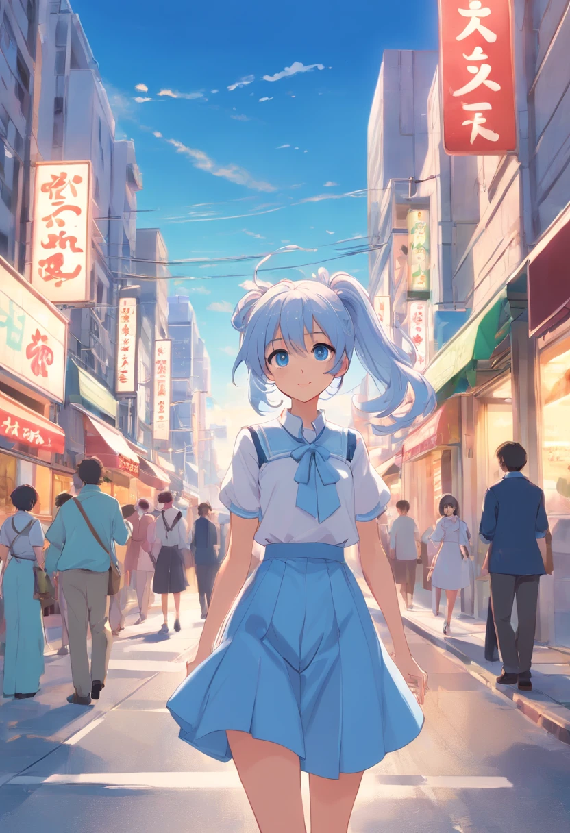 Silvery hair，Single ponytail curls，Pale blue eyes，White Lolita，Beth，A bustling city street，With a lollipop in your mouth，ssmile，Sunglasses on the forehead