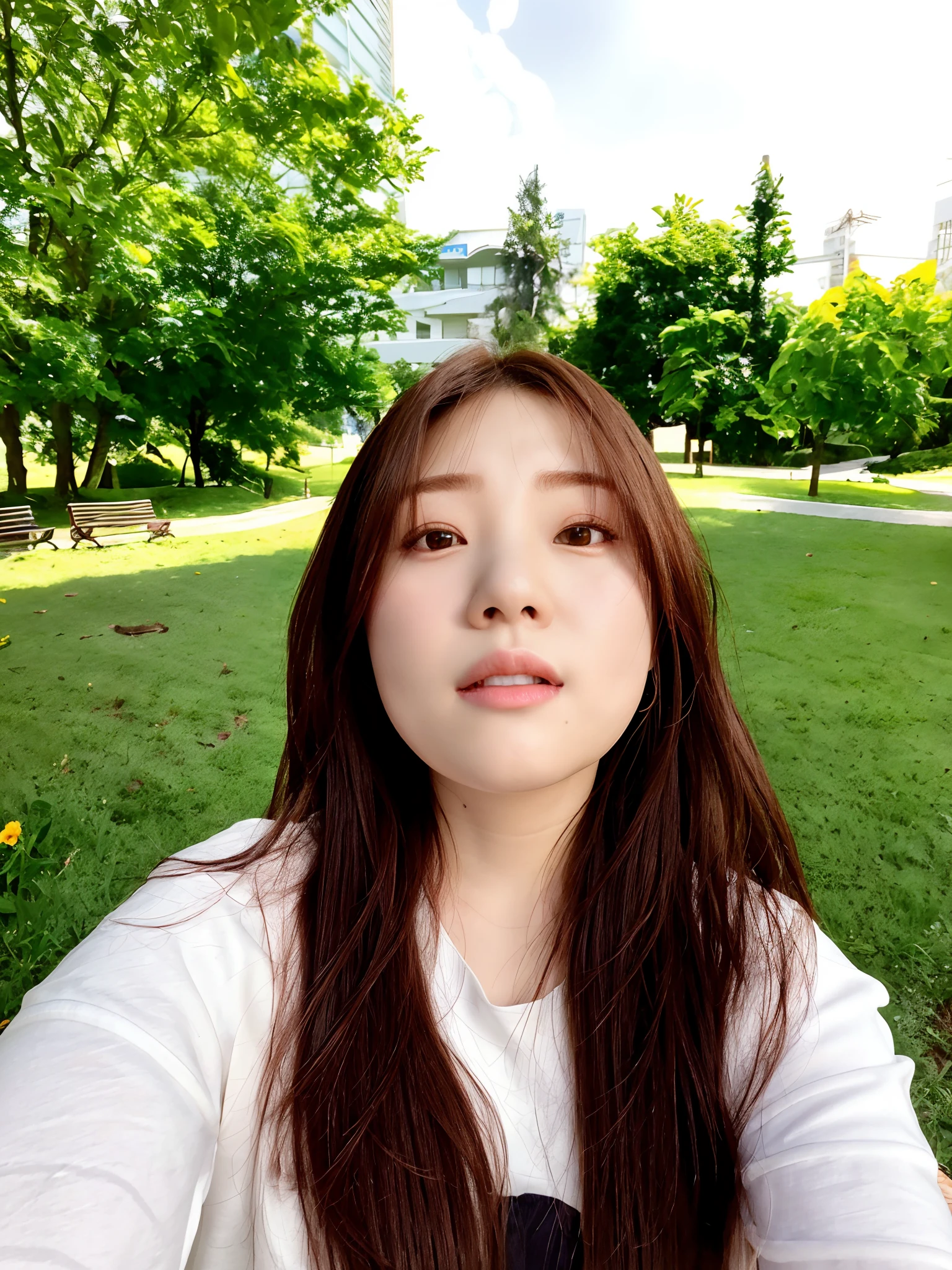 Araphedo woman with long hair and white shirt in the park, 8K selfie photo, chiho, park in background, jaeyeon nam, portrait of jossi of blackpink, with round face, with a park in the background, Choi Hong Hwa, Young adorable Korean face, selfie of a young woman, taken with sony alpha 9, Jinyoung Shin