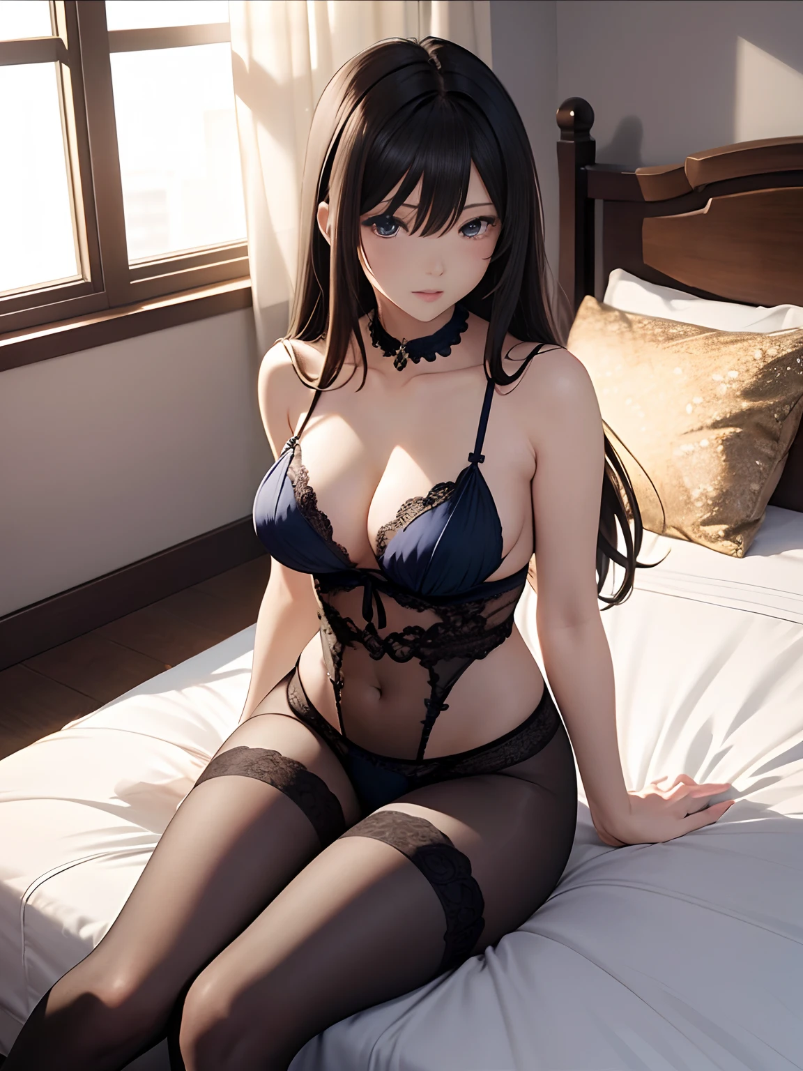 (Enrich your images,Masterpiece-level quality)Beautiful 8K CG artwork,Slim and soft,Translucent skin,Extra long-haired beauty, the skin is fair and juicy,,,,,,,,,,,,,,,,,,,,,,,,Big JK Uniform,Outlook Part 1.2x Enhanced silhouette effect,Exquisite transparent blues pattern on pajamas,The details are intricate and exquisite,background slightly blurred,Temptation of attractive and voracious feet,droolng,Oversize,blush,goddess of Japan,Perfect body slim curve,Anime - Ray Traced Image Courtesy:Sitao, pixiv, shin hanga, Seductive Anime Girl, beautiful alluring anime woman, 2b, 2 b, On my bed, 4 k, Very detailed ArtGerm, photorealistic anime girl render, Smooth Anime CG Art、an lingerie、Lying in bed、Pose with emphasis on the constriction of the waist、Moist eyes、A dark-haired、Stockings、Pose with emphasis on the hips
