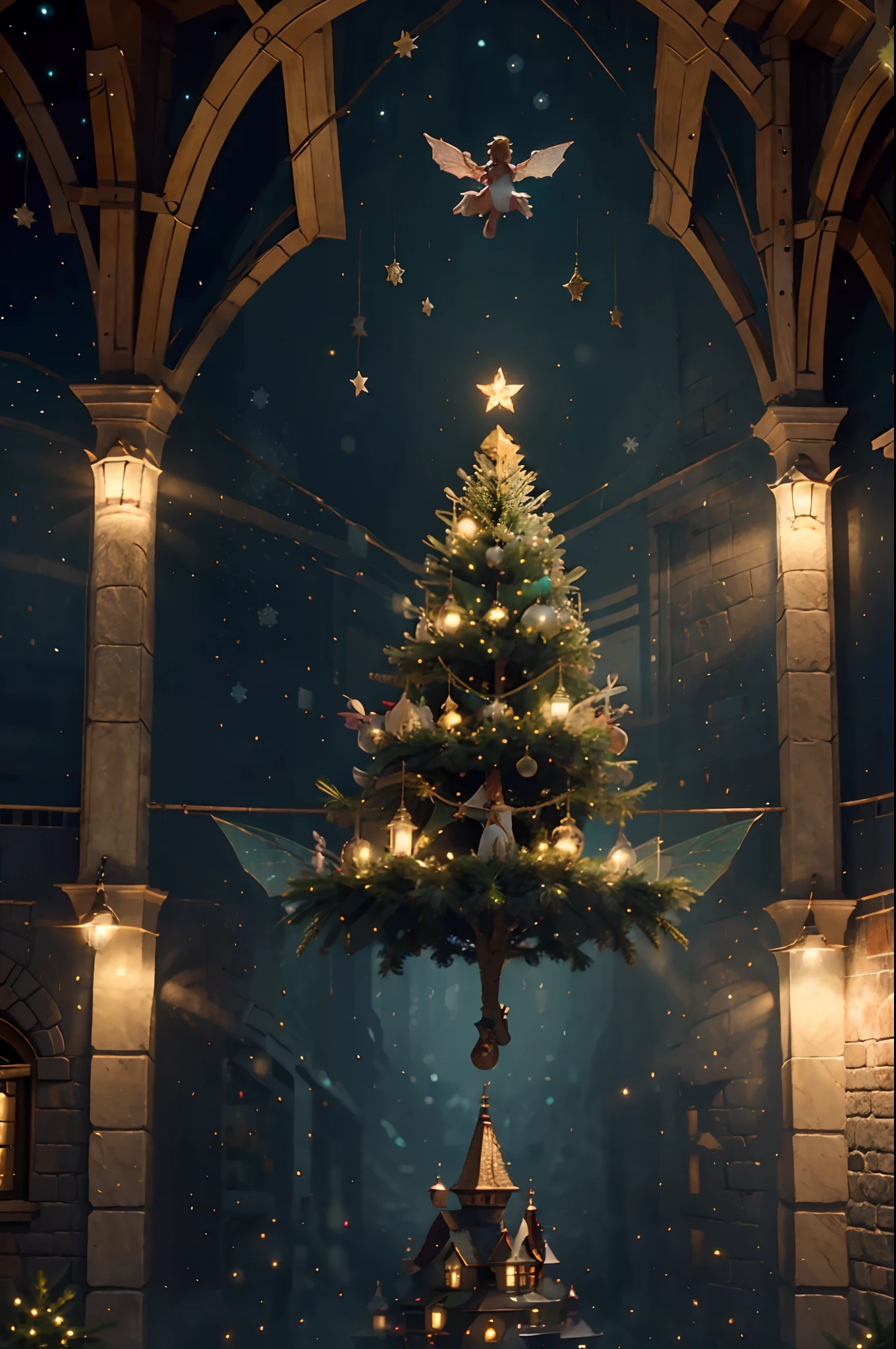 Fairy flying over a Christmas tree