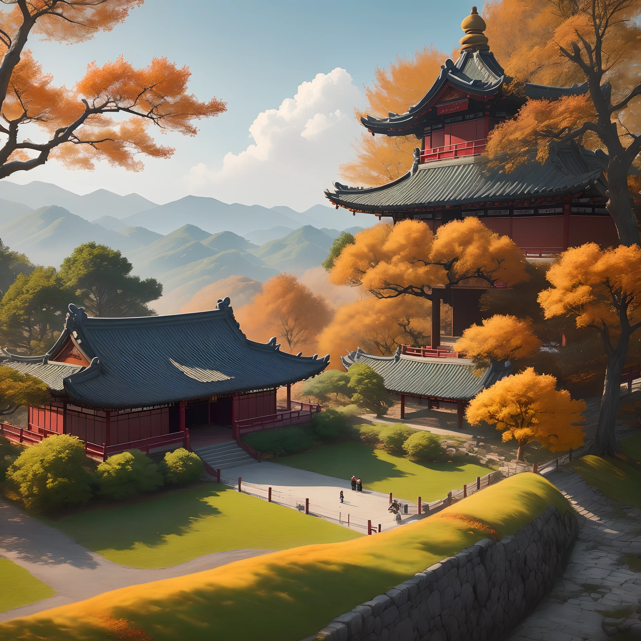 China-style，Ultra-wide angle of view，Beautiful view of autumn，mont，Eau，Cloud fog，fall foliage，oc rendered，high qulity，8K，super-fine，Hyper-realistic，Ultra photo realsisim，35mm camera lens，ultra - detailed
