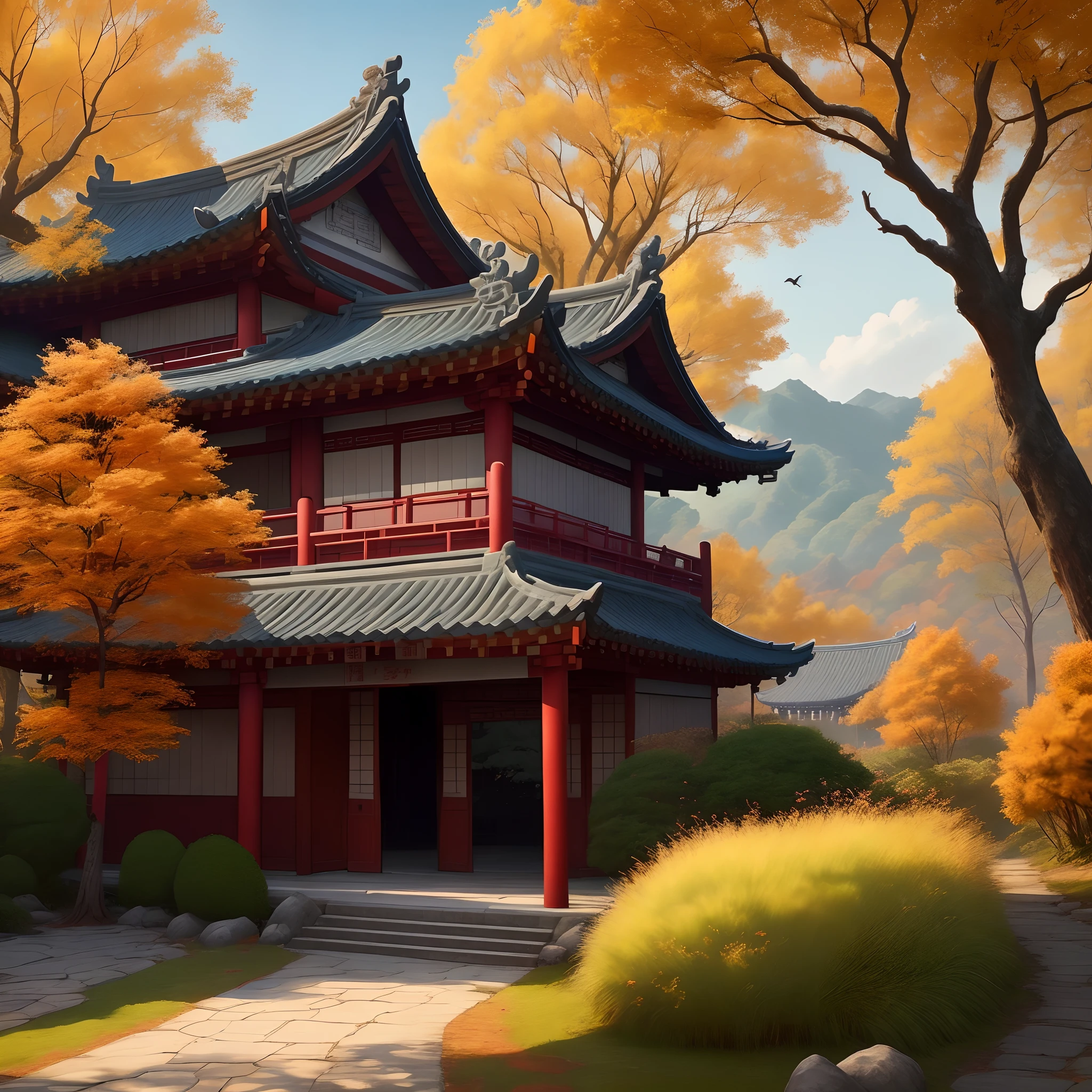 《In autumn, climb the Wugong platform temple and overlook it》- Don Du Fu
After the ancient platform shook,Autumn looks homesick。
Haimen is warm and windy,Jiangcheng horseshoe light。
The grass is blue,The birds of the flat forest are quiet。
Today, the people of the suburbs,I still remember the name of the old palace。
It was created by the famous poet Du Fu of the Tang Dynasty《In autumn, climb the Wugong platform temple and overlook it》。The poem depicts an autumn scene,No feelings for parting were shown。The poet uses the autumn day as the background of the ancient platform,It shows the longing for his hometown。The wind in Haimen is warm,Jiangcheng's horse's hooves are light,A stunning autumn landscape unfolds in front of you。The turquoise grass stretches to the sky,The birds in the flat forest are quiet。At the moment,People who are outside the countryside,Reminiscing about the good old days of the court。The whole poem is set against the backdrop of autumn scenery,It only describes the autumn scenery,There is no excessive emotion involved。