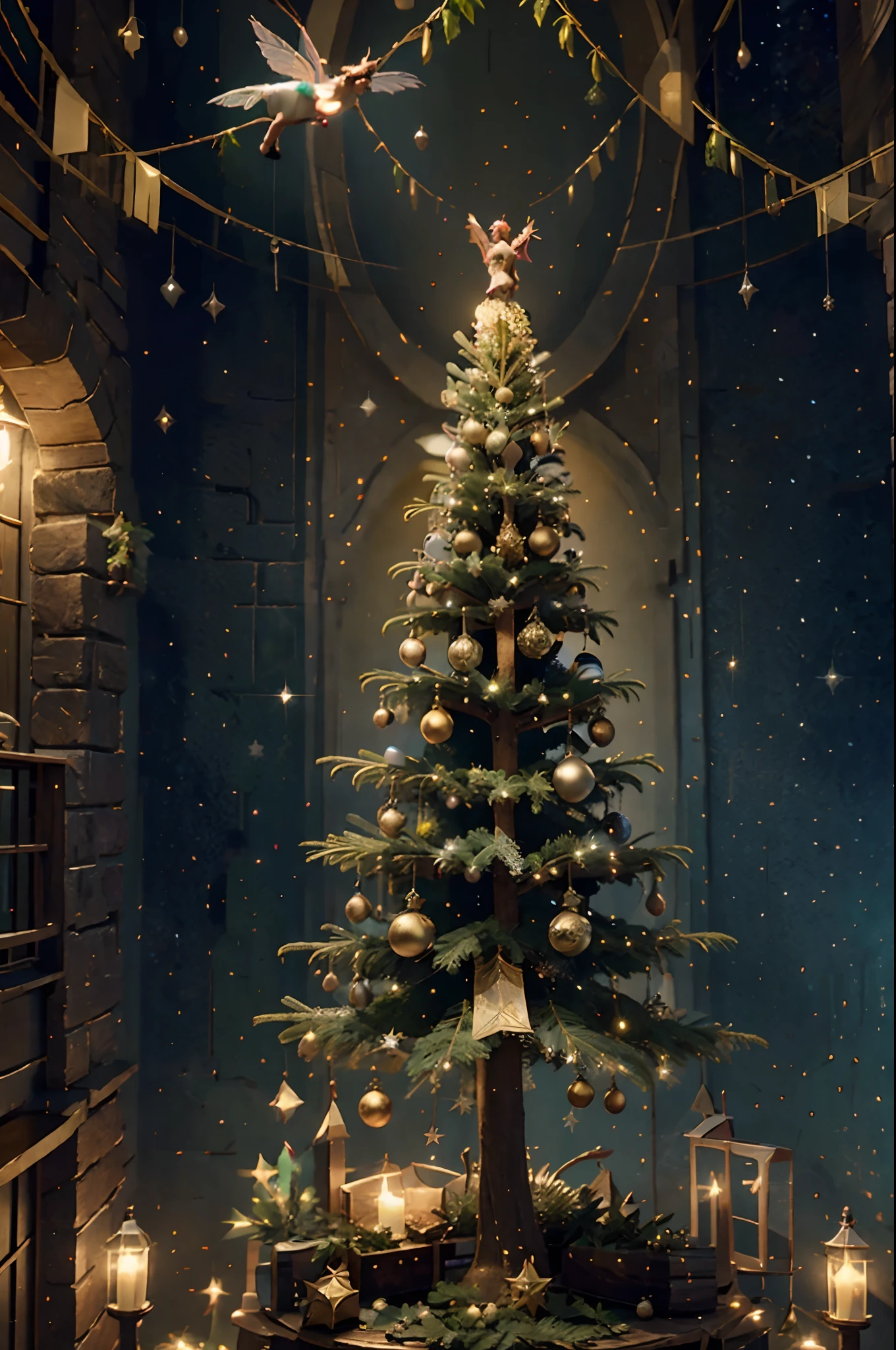 Fairy flying over a Christmas tree