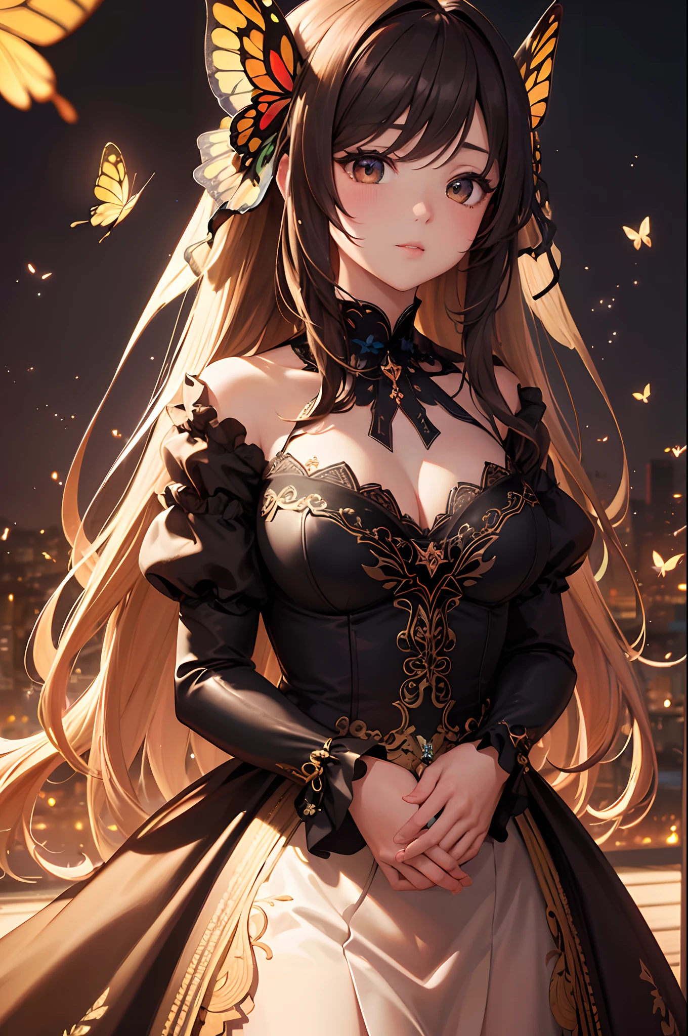 (masterpiece) , ((best quality)), (( 8k wallpaper)), ((ultra high resolution)), good composition, (ultra-detailed), illustration, beautiful art, beautiful girl wearing a butterfly dress, dark background illuminated by fireflies