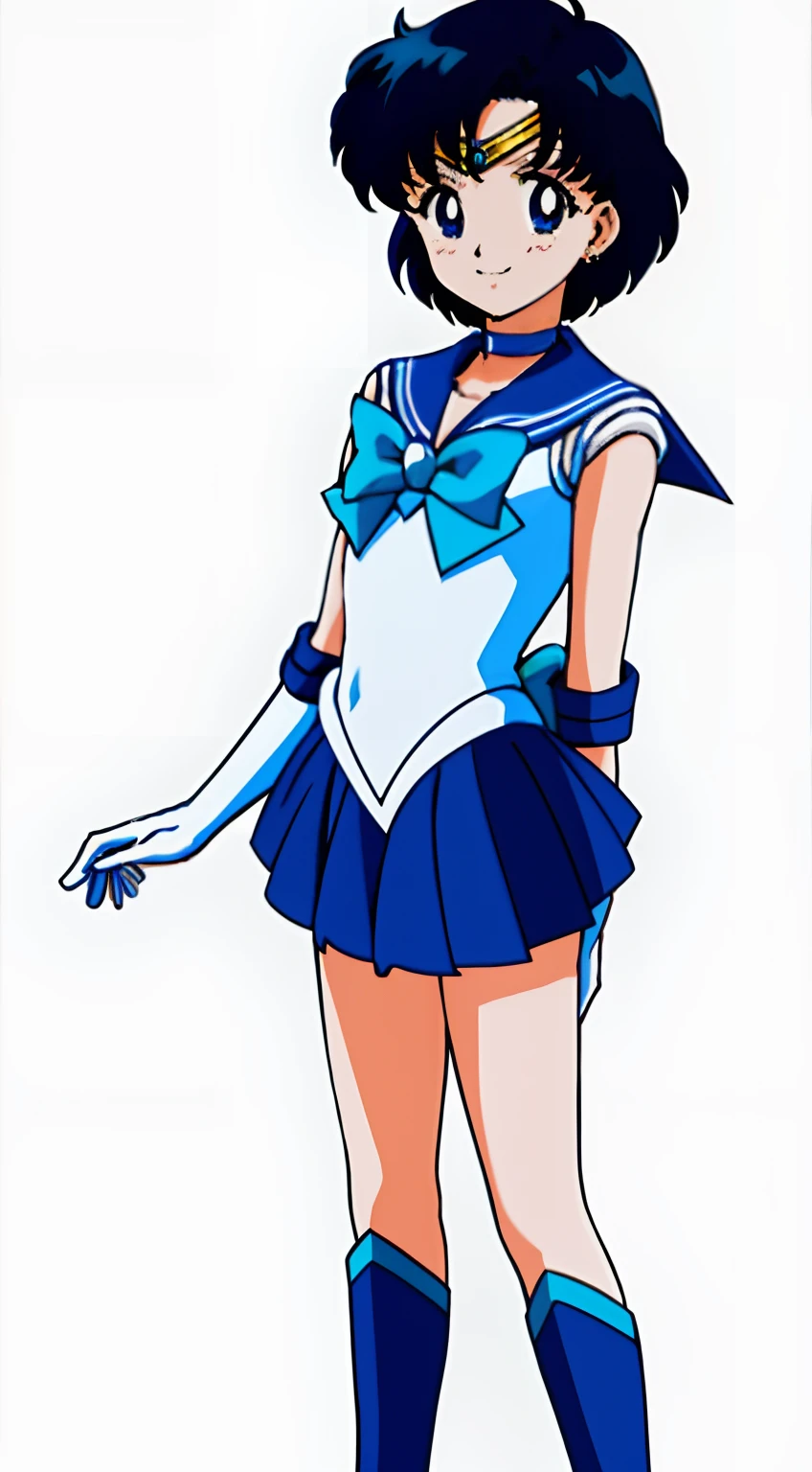 top-quality、​masterpiece、Sailor Senshi Uniform、Anime Boy、Handsome boy、Junior high school boys、Ami Mizuno、gender change、Sailor Mercury、gender change(Girls to boys)、rating:safe、solo、Blue sailor collar、Sky blue bow tie、Magical Boy、Blue choker、Very short blue-haired boy、jewelry、skirt、耳Nipple Ring、white glove、elbowgloves、bow、Blue knee boots、Blue Heeled Boots、a blue skirt、circlet、Blue-eyed boy、back_bow、White leotard、highleg leotard、robe blanche、Boy with very short black hair、blue_bow、sky blue_bow、white_bow、Boy standing、smile、a miniskirt、pleatedskirt、Muscular men、photo、Bare shoulders、bare legs、Hymn of the King as a Prince、(1990's\(styles\):0.9)、