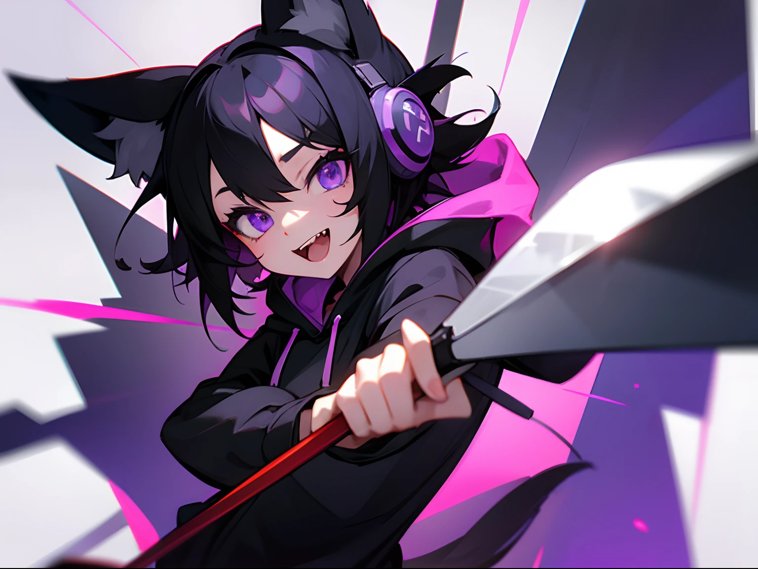 fox ear、Small fangs、A dark-haired、short-hair、a scool girl、Purple eyes、Black hoody、Wearing headphones、Face only、Have a knife