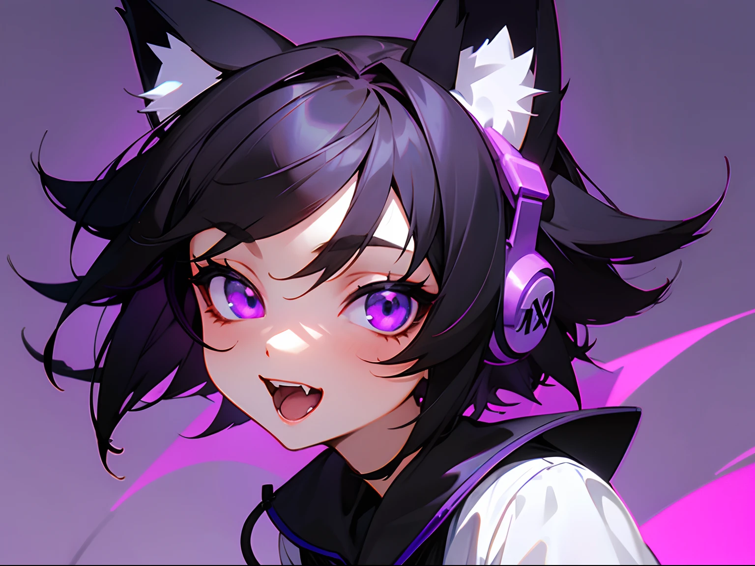 fox ear、Small fangs、A dark-haired、short-hair、a scool girl、Purple eyes、Black Wear、Wearing headphones、Face only