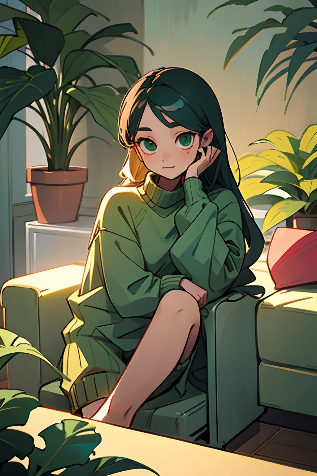 kpop girl, tied long hair, in green cute sweater outfit, sit near plant, inside living room, chill lofi, pretty, formal professional sit pose