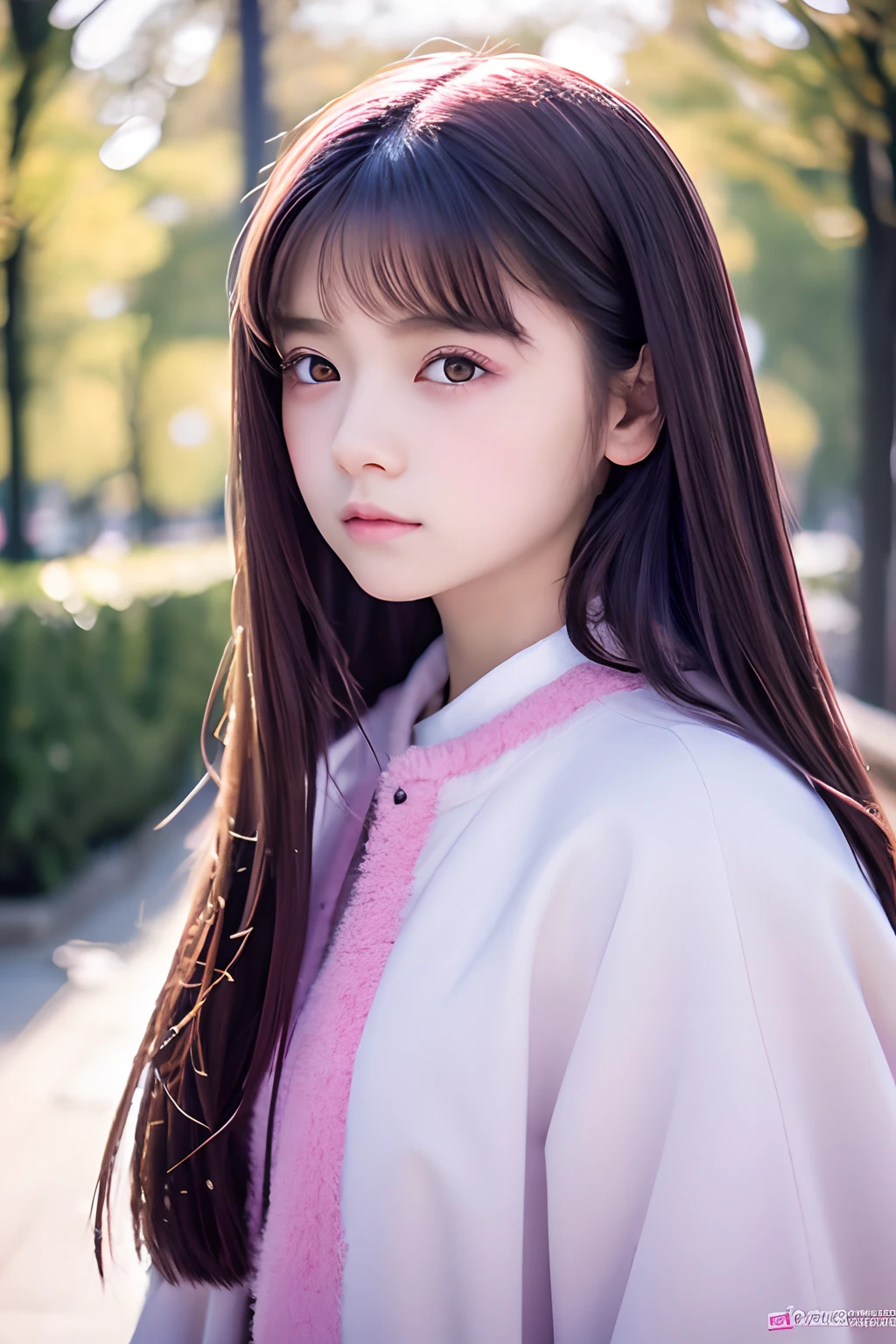 tmasterpiece，best qualtiy，cinematic Film still from， High Definition，1girll，Long Black Hair，Pink eyes，Long sleeve pink coat，Short sleeves in white，Gray jeans，16 years old