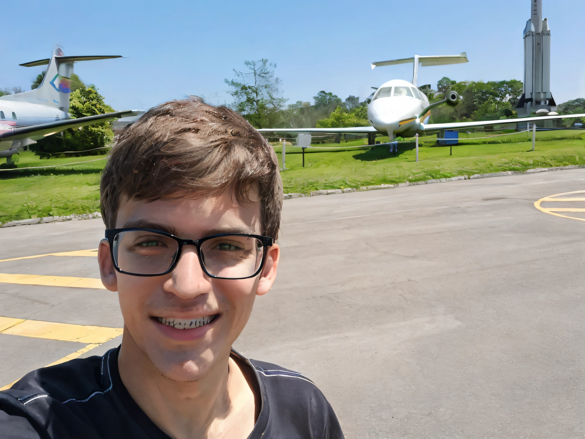 There's a man who's standing in front of an airplane, mateus 9 5, selfie shot straight on angle, icaro carvalho, em pilotos, em uma plataforma de pouso, com um parque ao fundo, foto selfie, staring directly at camera, Looking towards the camera, Assumido em Go Pro Hero8, no museu, smiling at camera