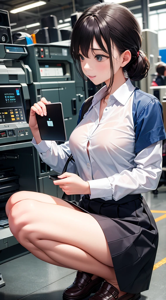 (Looking away, high-detail、Every angle、Any Pose、Every Shot)、inside factory、In front of the machine tool、Shy laughter、Woman in office work、skirt by the、Put on your underwear、Sweat all over the body、(Outerwear opens the chest)、Wet thin shirt、Have a tablet、痴女、There is also a crouching pose、There is also an open-legged pose.、