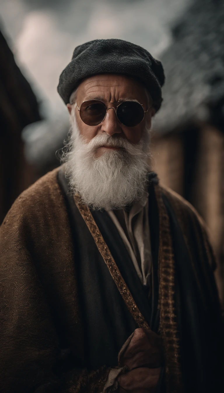 Portrait of a wizard,Wearing dark glasses., beard, wrinkled, Weathering, With eye piercing, detailed face, high-detail, shooting imaging, natural light, nikon d850, 50 mm., F/1.4,looking at the audience