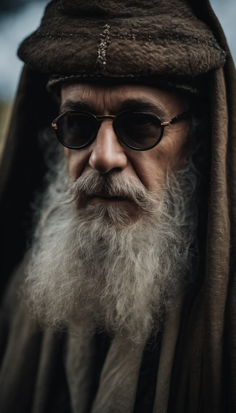 Portrait of a wizard,Wearing dark glasses., beard, wrinkled, Weathering, With eye piercing, detailed face, high-detail, shooting imaging, natural light, nikon d850, 50 mm., F/1.4,looking at the audience