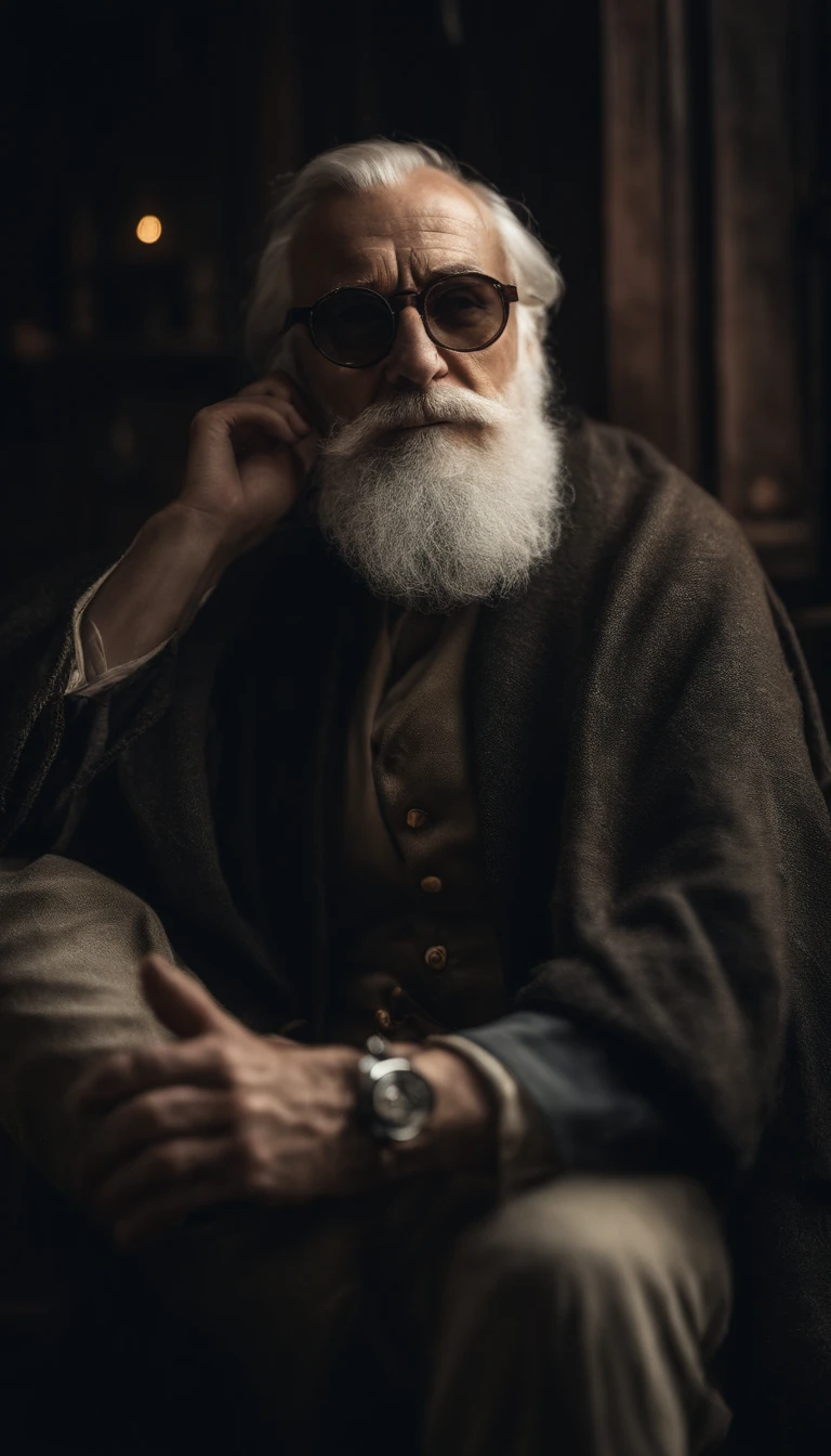 Portrait of a wizard,Wearing dark glasses., beard, wrinkled, Weathering, With eye piercing, detailed face, high-detail, shooting imaging, natural light, nikon d850, 50 mm., F/1.4,looking at the audience