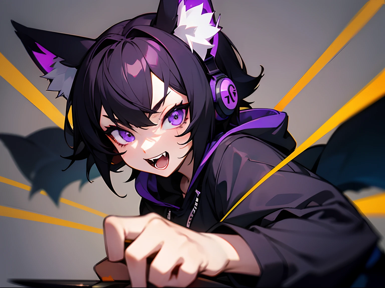 fox ear、Small fangs、A dark-haired、short-hair、a scool girl、Purple eyes、Black hoody、Wearing headphones、Face only、Have a knife