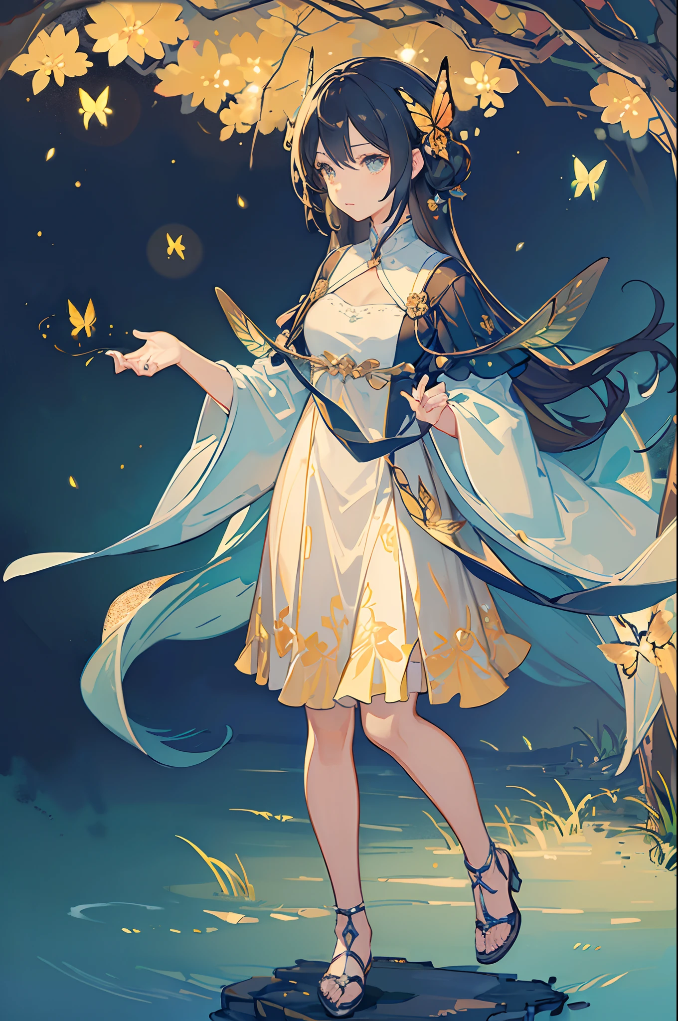 (masterpiece) , ((best quality)), (( 8k wallpaper)), ((ultra high resolution)), good composition, (ultra-detailed), illustration, beautiful art,  beautiful girl wearing a butterfly dress, dark background illuminated by fireflies