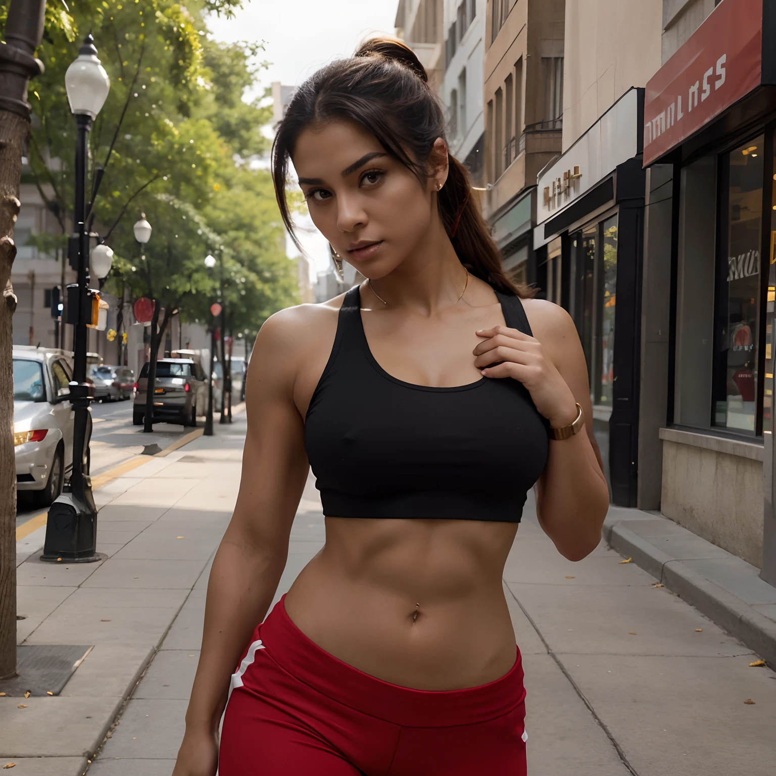 arabic girl in a black top and red pants, yellow eyes, pony tail, on a Chicago city street, crop shirt and strong abs, full body length shot, red gold and black outfit, converse, fitness model, gorgeous female, athletic fashion photography, full body close-up shot, portrait of modern darna, fit curvy physique, red and gold, by Natasha Tan, profile image, gold and red, araffe woman in a black top and red pants on a Chicago city street, a portrait by Natasha Tan, trending on cg society, arabesque, crop shirt and strong abs, full body length shot, red gold and black outfit, fitness model, gorgeous female, full body close-up shot, athletic fashion photography, portrait of modern darna, fit curvy physique, female genie, female djinni, masterpiece