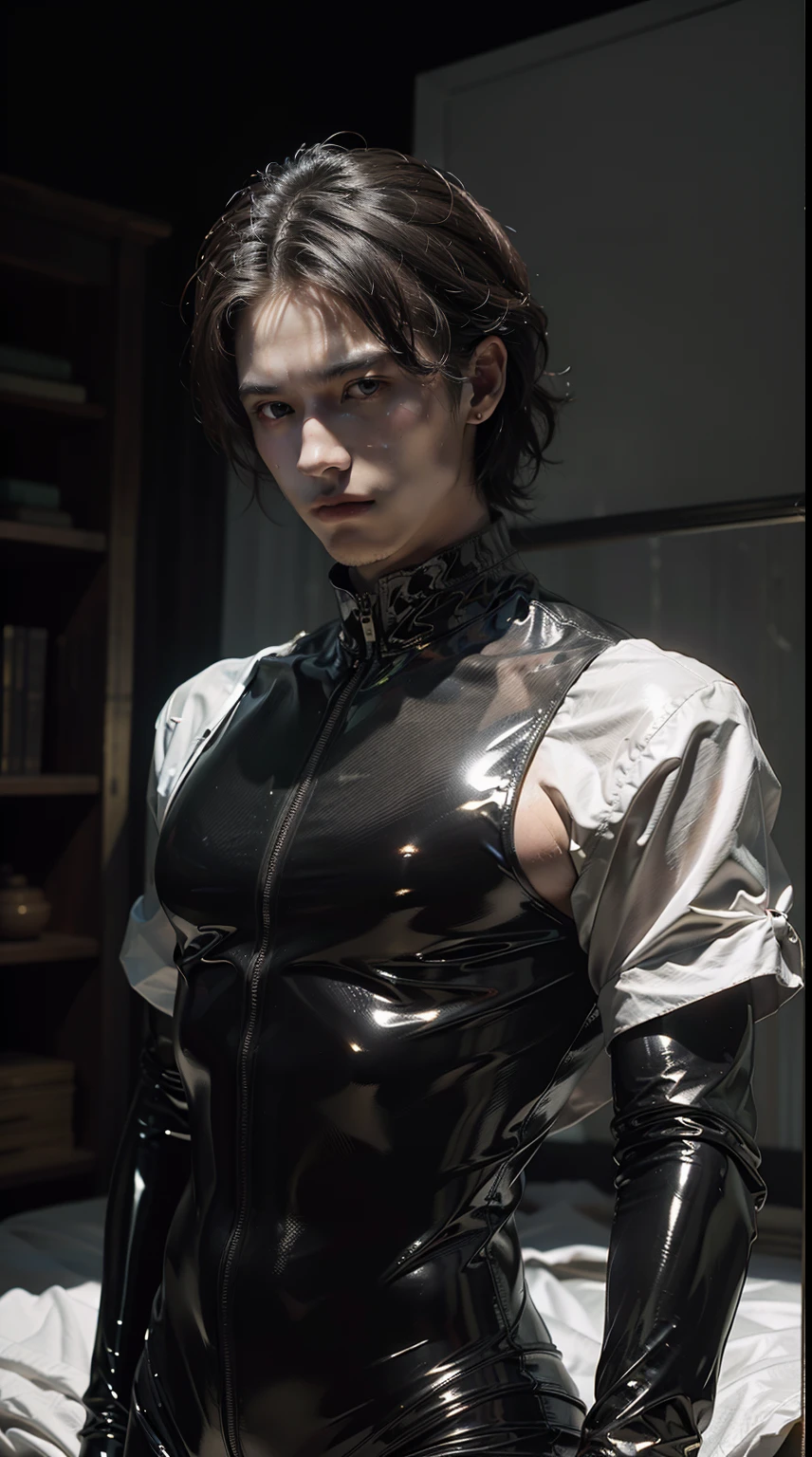 American man, （mtu）((black latex bodysuit, )) ，（(full body photo shot,)) The upper part of the body, (chest muscle，Handsome,), (((超详细信息, Ultra photo realsisim))),