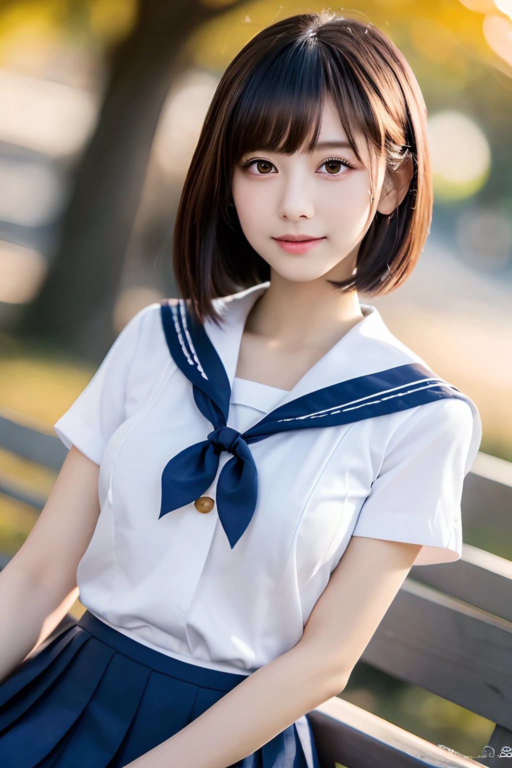 detailed face, cute face,18-year-old female, Long Hair, RAW Photos, Bokeh (realism: 1.4, Realistic), High-definition CG integrated 8K wallpaper, One girl, ((The body is slim: 1)), (Small breastss: 1), Back to viewers, ((Direct view from the front)), (high qualityスキン: 1.4), 8K Ultra HD, Digital SLR, Soft Light, high quality, Film Grain, Fujifilm XT3, ((school uniform, Short skirt,The open skirt is visible through:1.5)), ((Outdoor, at the park))) Janju, Portraiture,((Layered Short Haircut, Black Employment,Small breasts:1.2)),(View your viewers:1.4),(whole body:1.8)