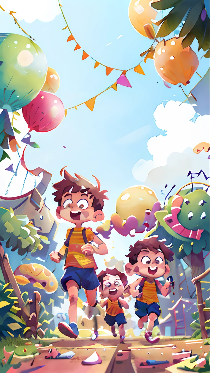 (SFW), two running boys, amusement park, holding balloons, happy, happy, perfect quality, clear focus, colorful, perfect face, intricate details, ultra-low viewing angle, wide angle lens --v 6