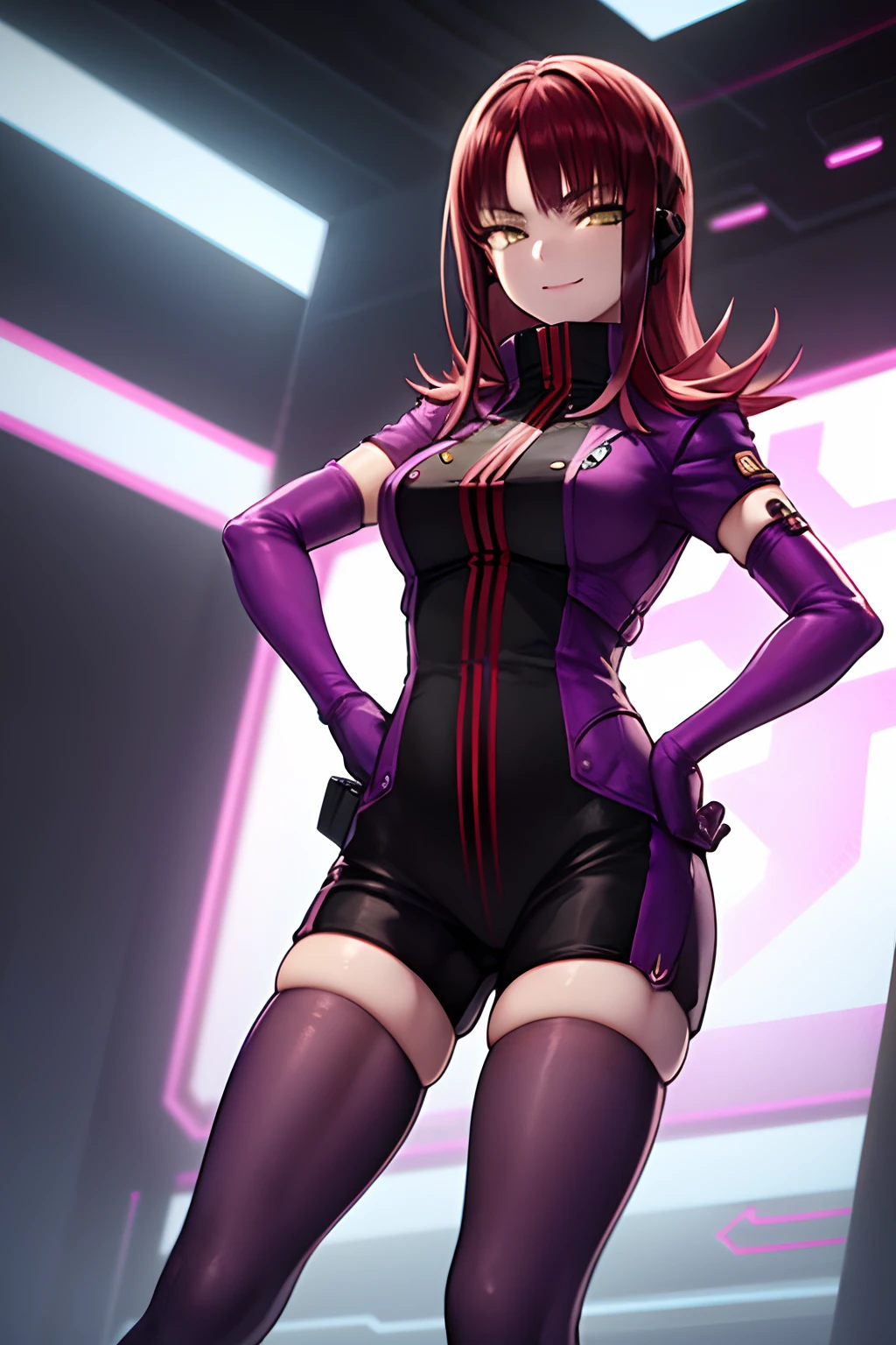 masutepiece, Best Quality, absurderes, Perfect Anatomy, 1girl in, Solo, Yoko Katori, Long hair, purple thighhighs, elbow groves, Purple gloves, Black shorts, uniform, thigh holster, Standing, Hands on hips, Smile, cyberpunk scene, Data Stream, neon light,