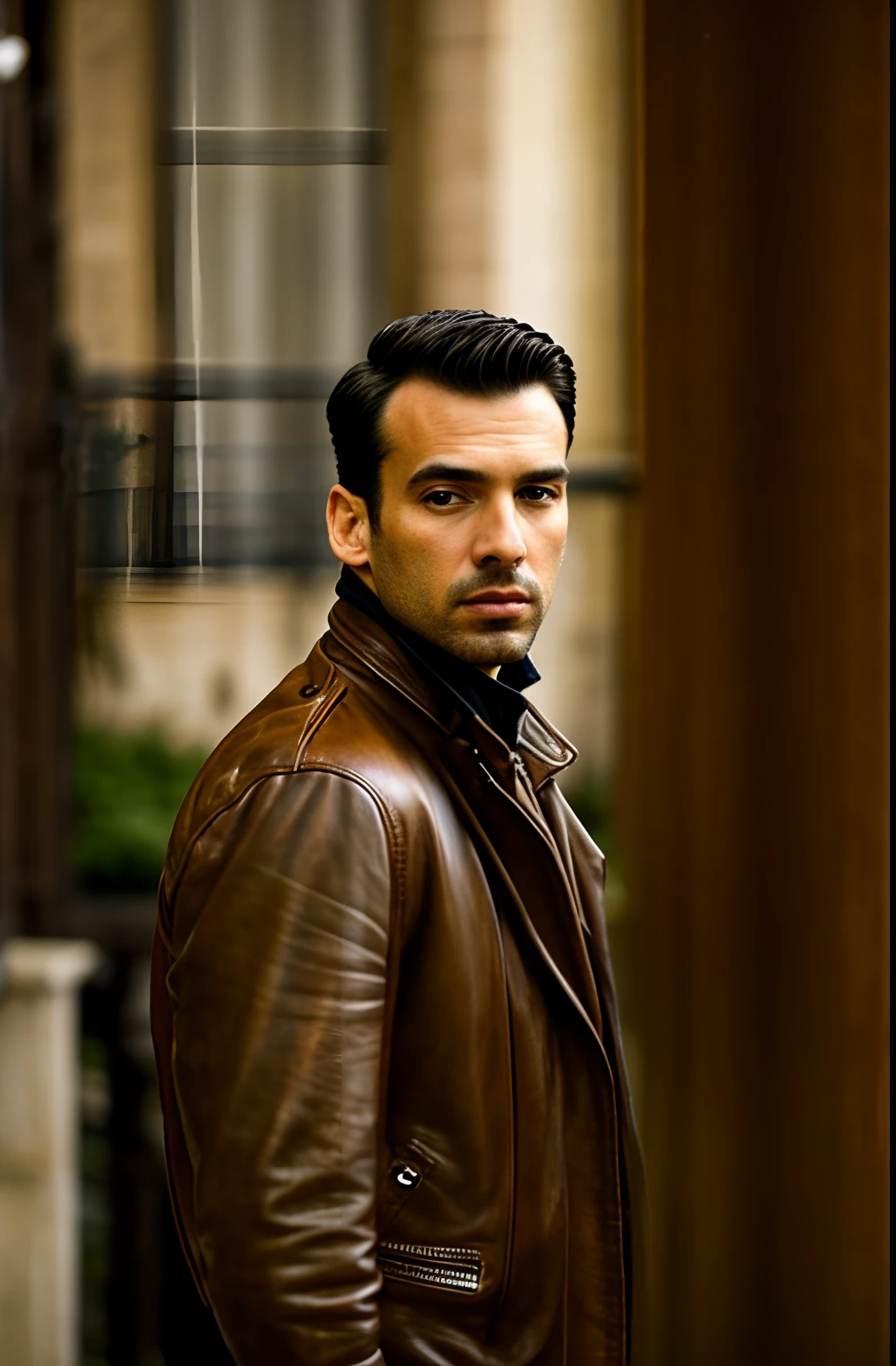 Man in elegant brown leather jacket, accuracy (a closeup of a), beatiful face, close - up, Professional photo, 16k, hight resolution, higly detailed, shot with a Nikon AF-S NIKKOR 14-24mm f/2.8G ED Lens, lit by daylight, photo