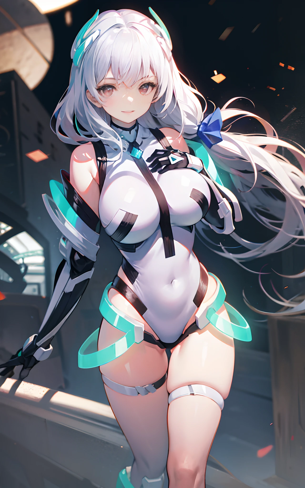 1girl,solo, light smile,huge breasts, deva battle suit,gloves, very long hair,outdoors,
white_hair,long hair,red_eyes,hand on own chest, heart-shaped pupils, light smile, headgear,