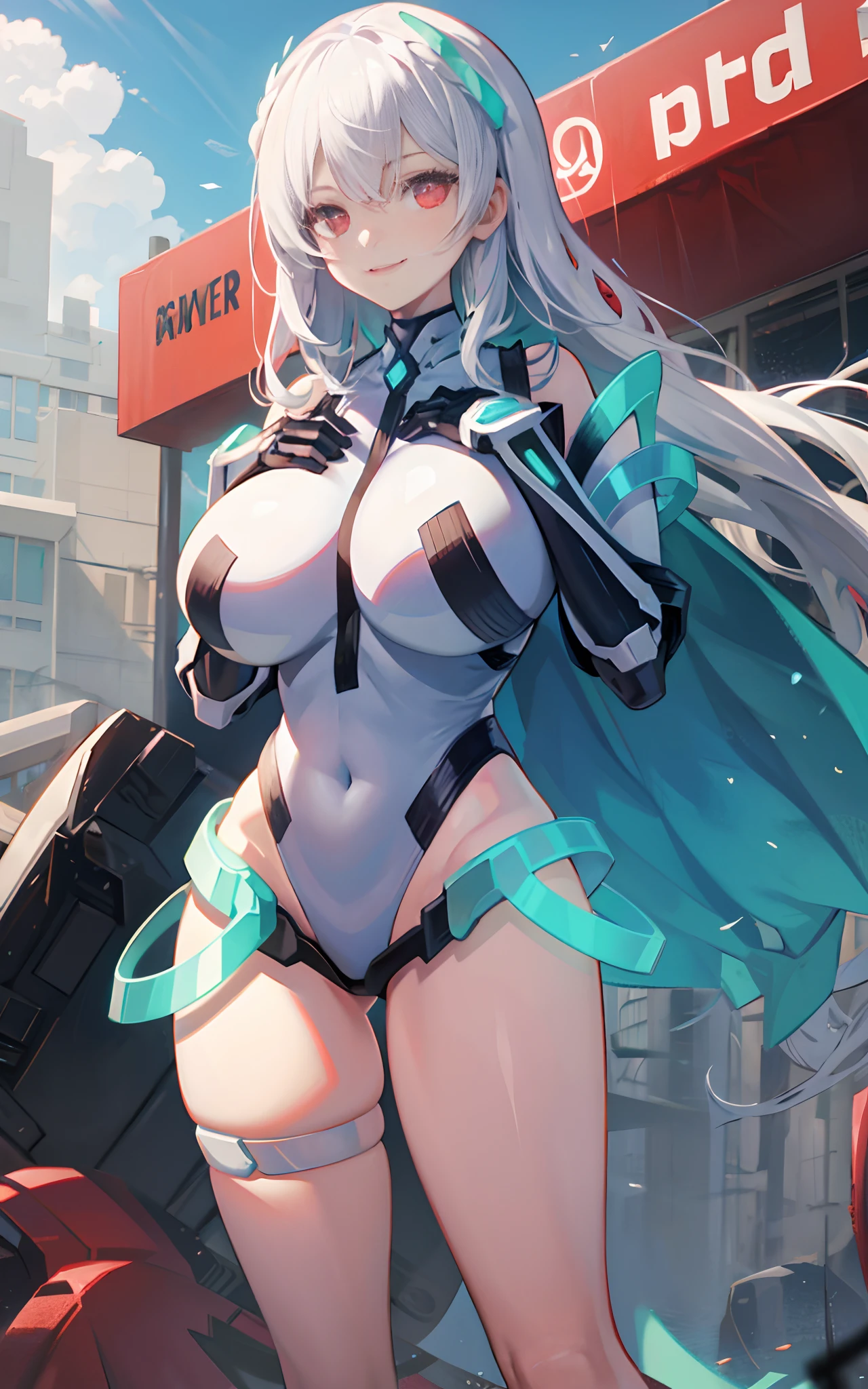 1girl,solo, light smile,huge breasts, deva battle suit,gloves, very long hair,outdoors,
white_hair,long hair,red_eyes,hand on own chest, heart-shaped pupils, light smile, headgear,