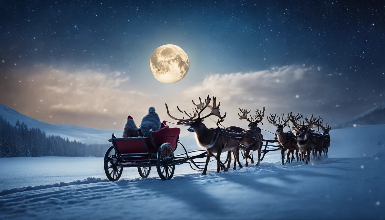 A snowy winter landscape background with Santa Claus flying across the night sky in his sleigh, pulled by his reindeer, against a backdrop of stars and a full moon.