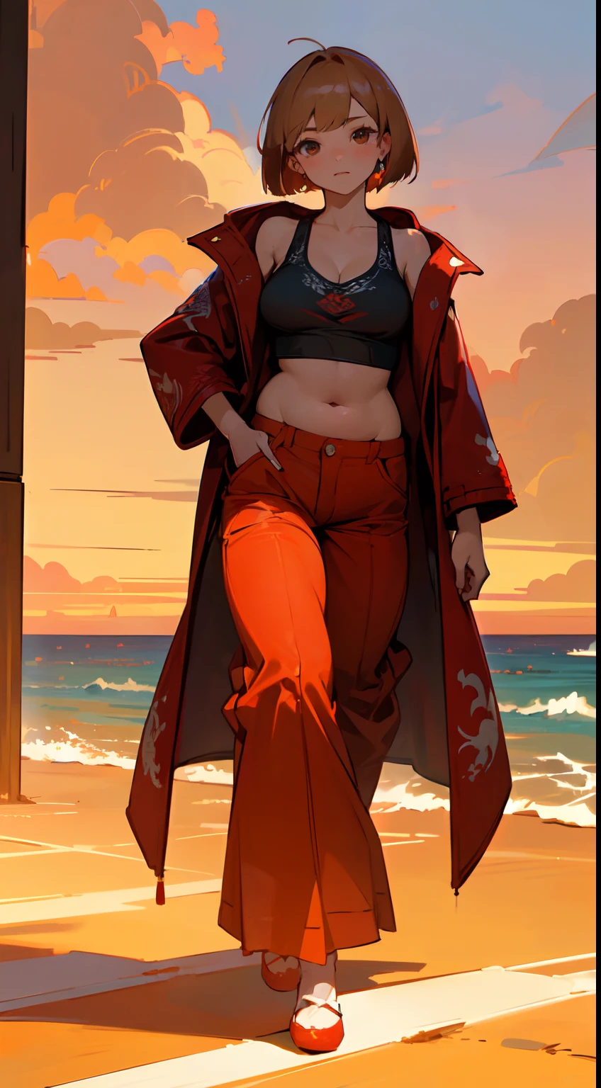 top quality,16K, masterpiece, beautiful high school girl,Light brown beautiful eyes, looking at viewer, Light brown medium bob hair, plump breast, standing open legs, sunset seashore, orange sky, beautiful clouds,
BREAK (red theme:1.5), ((red outerwear, oversized red pants, red baggy pants):1.4), (wear a red long-coat with dragon-embroidery over a black tank-top:1.5), ((cleavage, collarbone):1.2), ((navel, ankles):1.3), (pumps:1.2), (earrings:1.2), (kanji, chinese-character:1.2),
