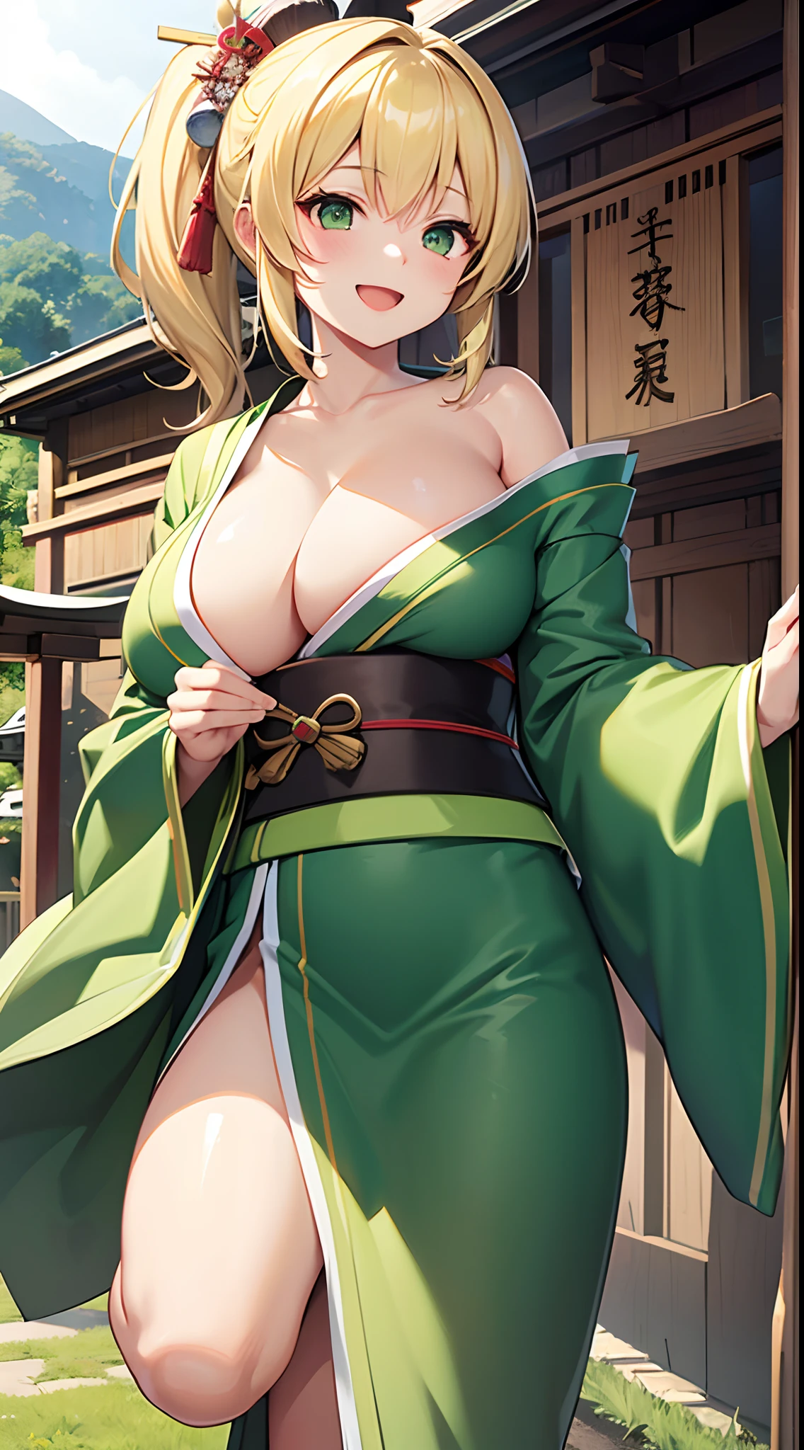 1 girl, game CG, green kimono, hair ornament, gigantic breasts, blonde, middle hair, side ponytail, green eyes, smile, Japanese shrine, open mouth, dynamic