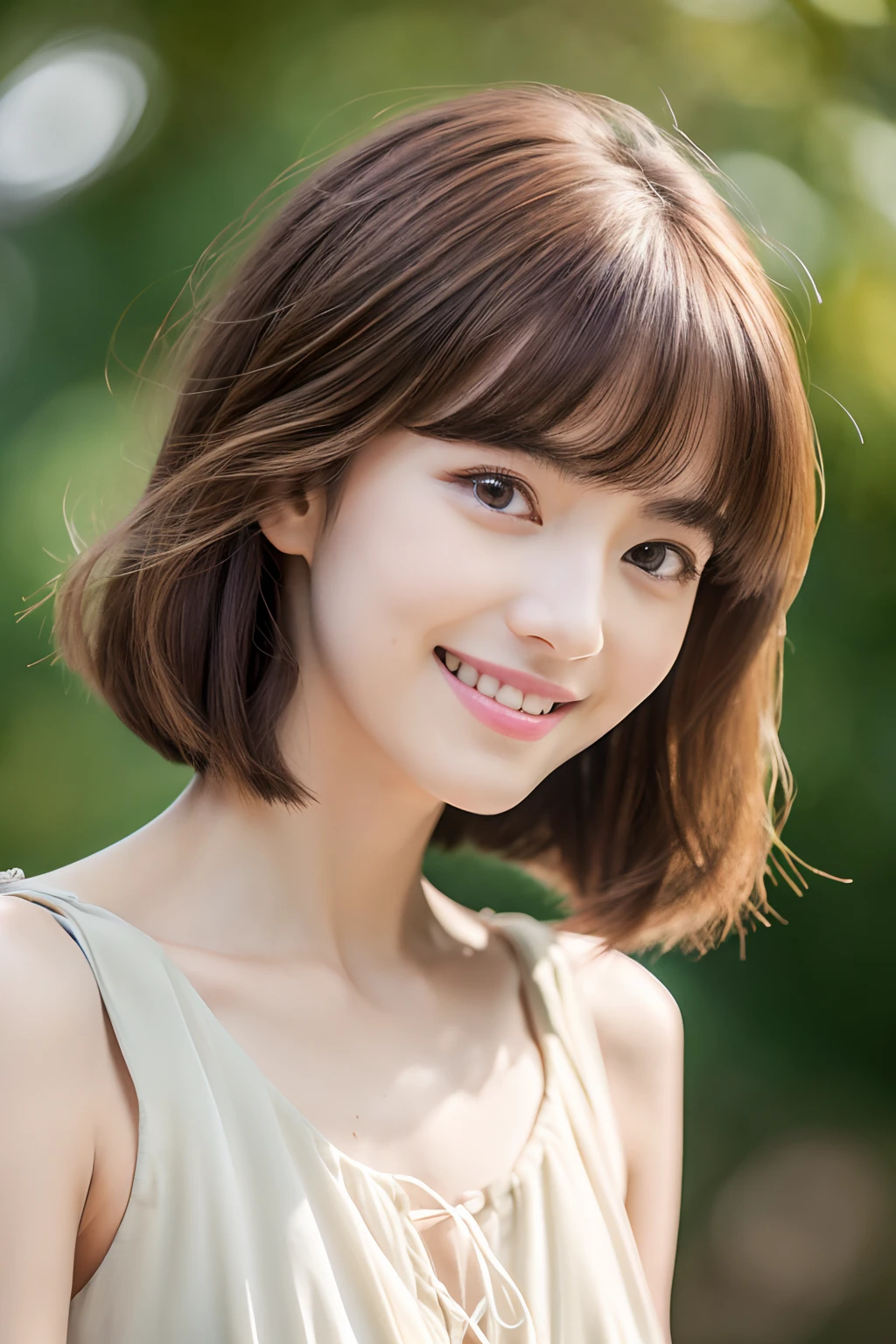 ((Best Quality, 8K, Masterpiece: 1.3)), 1 Girl, Slim Abs Beauty: 1.3, (Hairstyle Brown Hair Shortcut, ), Dress: 1.1, Super Slender Face, Delicate Eyes, Double Eyelids, Smile, Home, Raw Photo