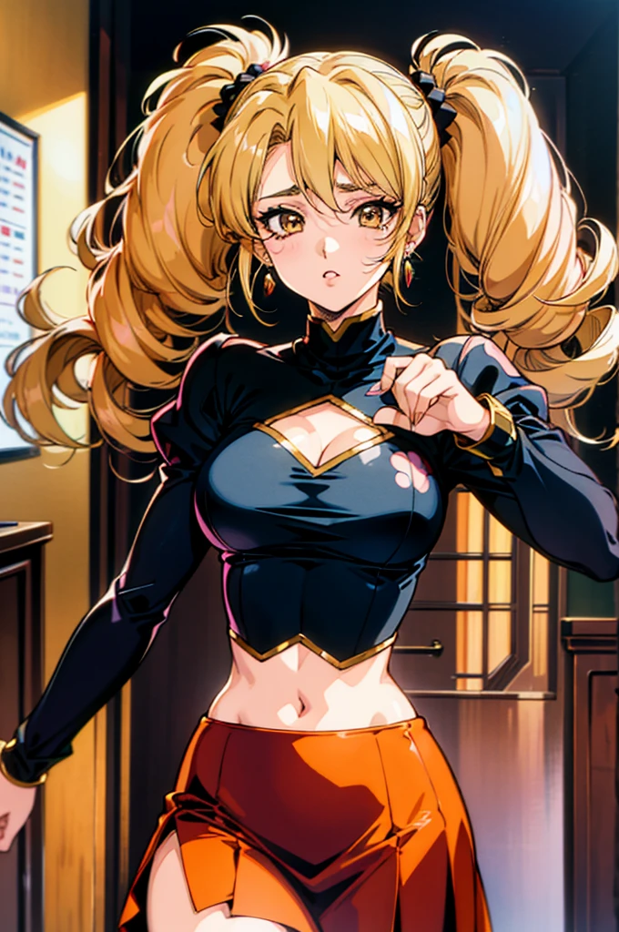 "(masterpiece:1.1), best quality, 
1girl, gyaru, (80s anime style:1.4), 
yellow hair, 
(hair between eyes:1.1), (twintails, drill hair:1.1), 
brown eyes, 
(slim body:1.2), 
(huge breasts:1.1), 
(gothic makeup, red lip stick, eye shadow:1.1), 
expressionless, 
school uniform, skirt, midriff peek, (cleavage cutout:1.1), 
jewelry, crystal earrings, neck ribbon, hair ornament, 
standing, dynamic pose, 
upper body, 
classroom"